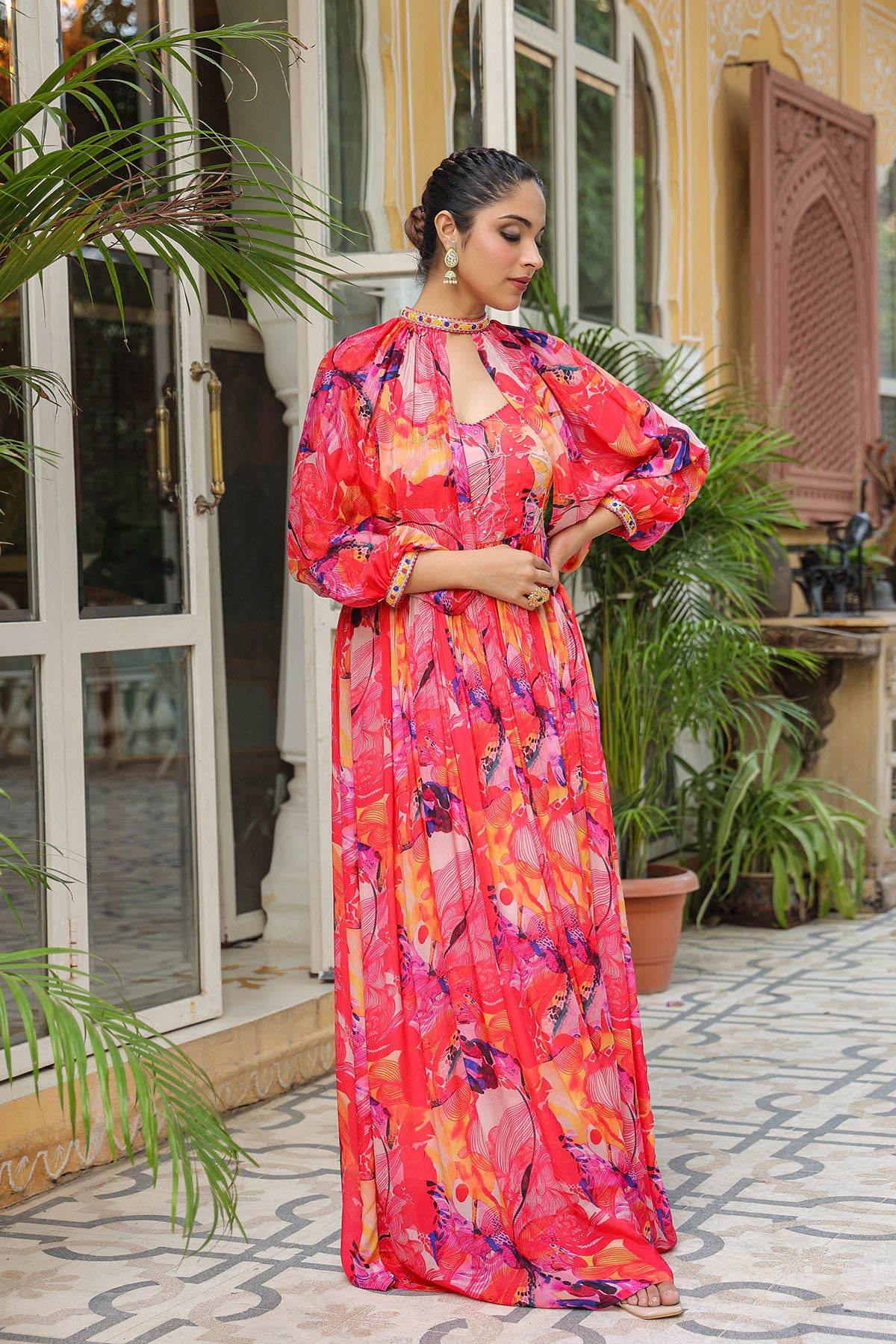Pink Multicolour Chinon Handwork Gown Set