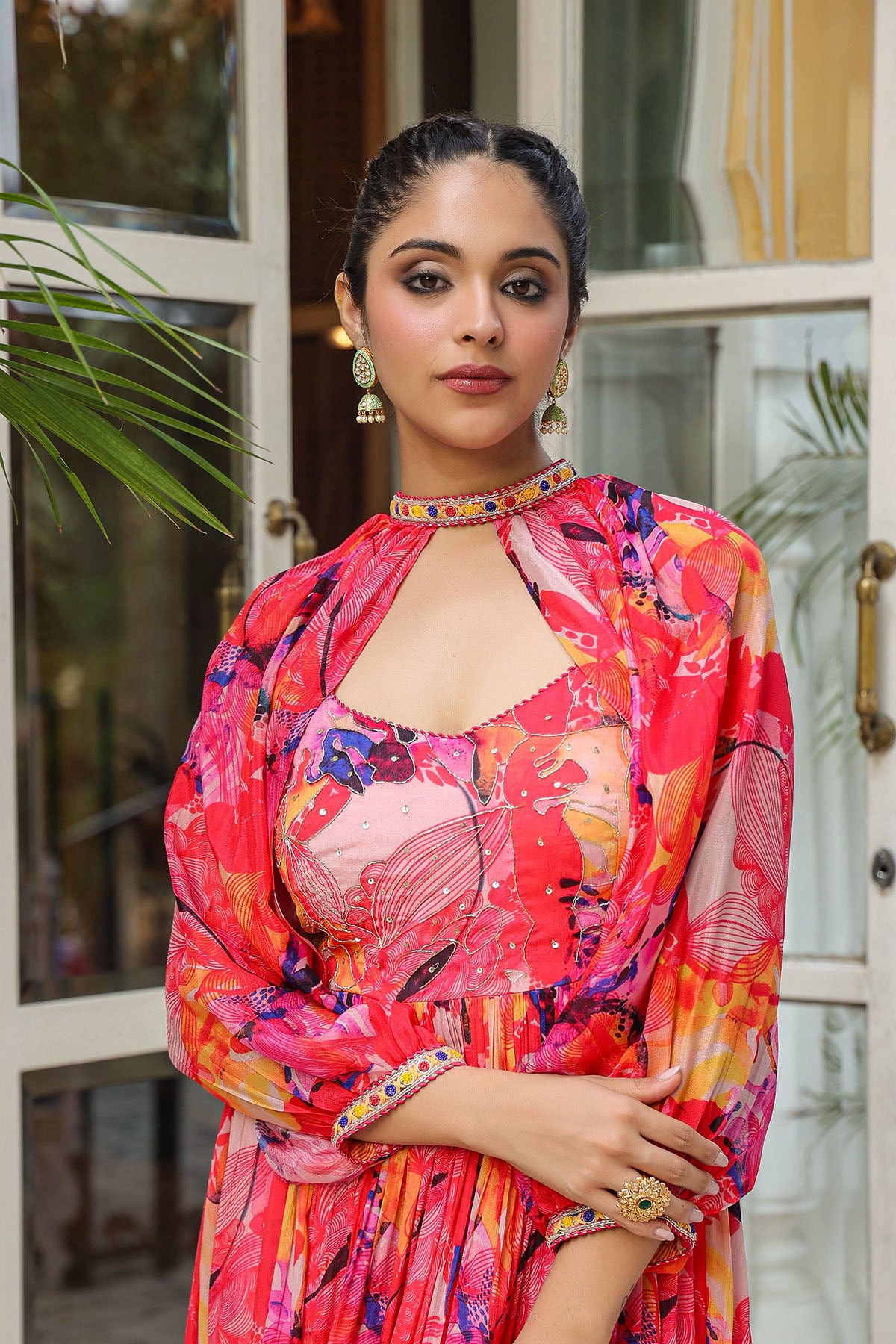 Pink Multicolour Chinon Handwork Gown Set