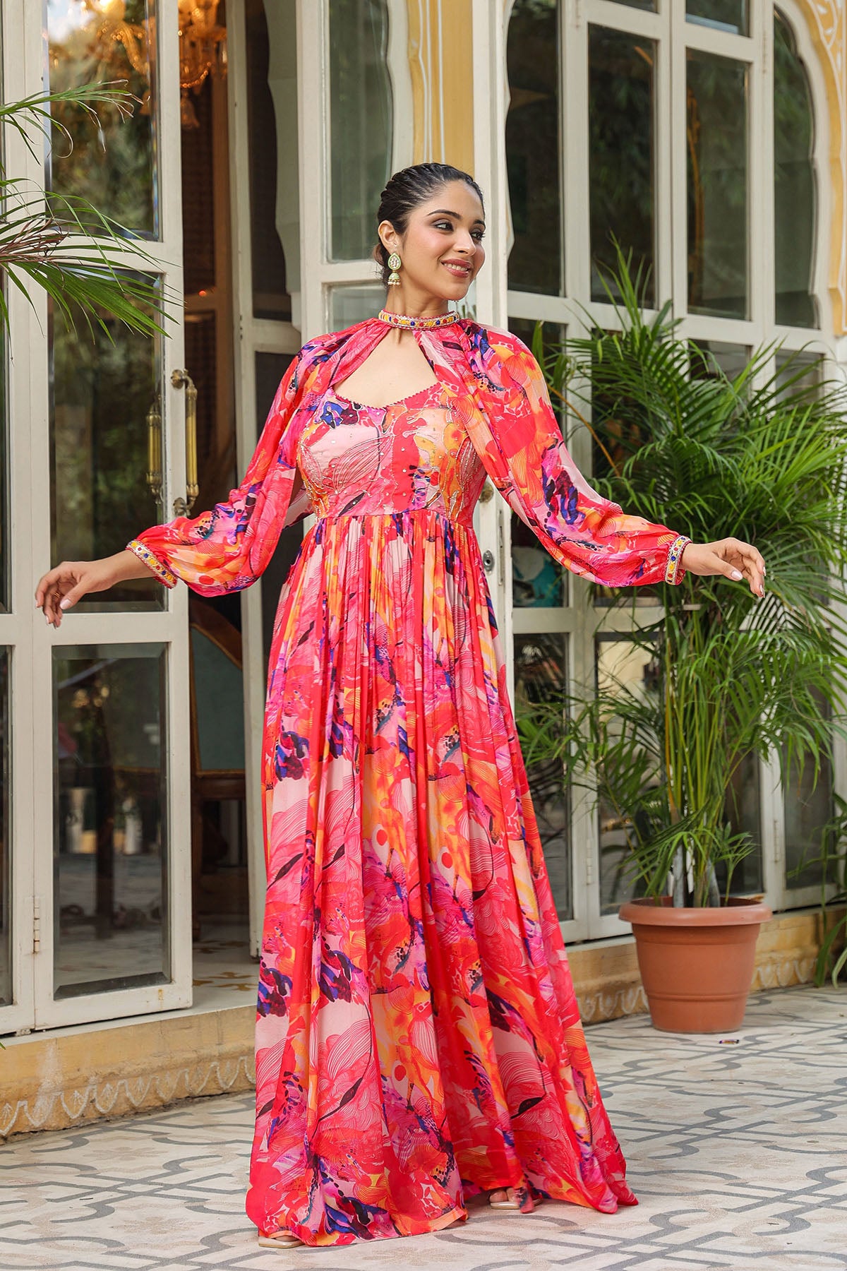 Pink Multicolour Chinon Handwork Gown Set