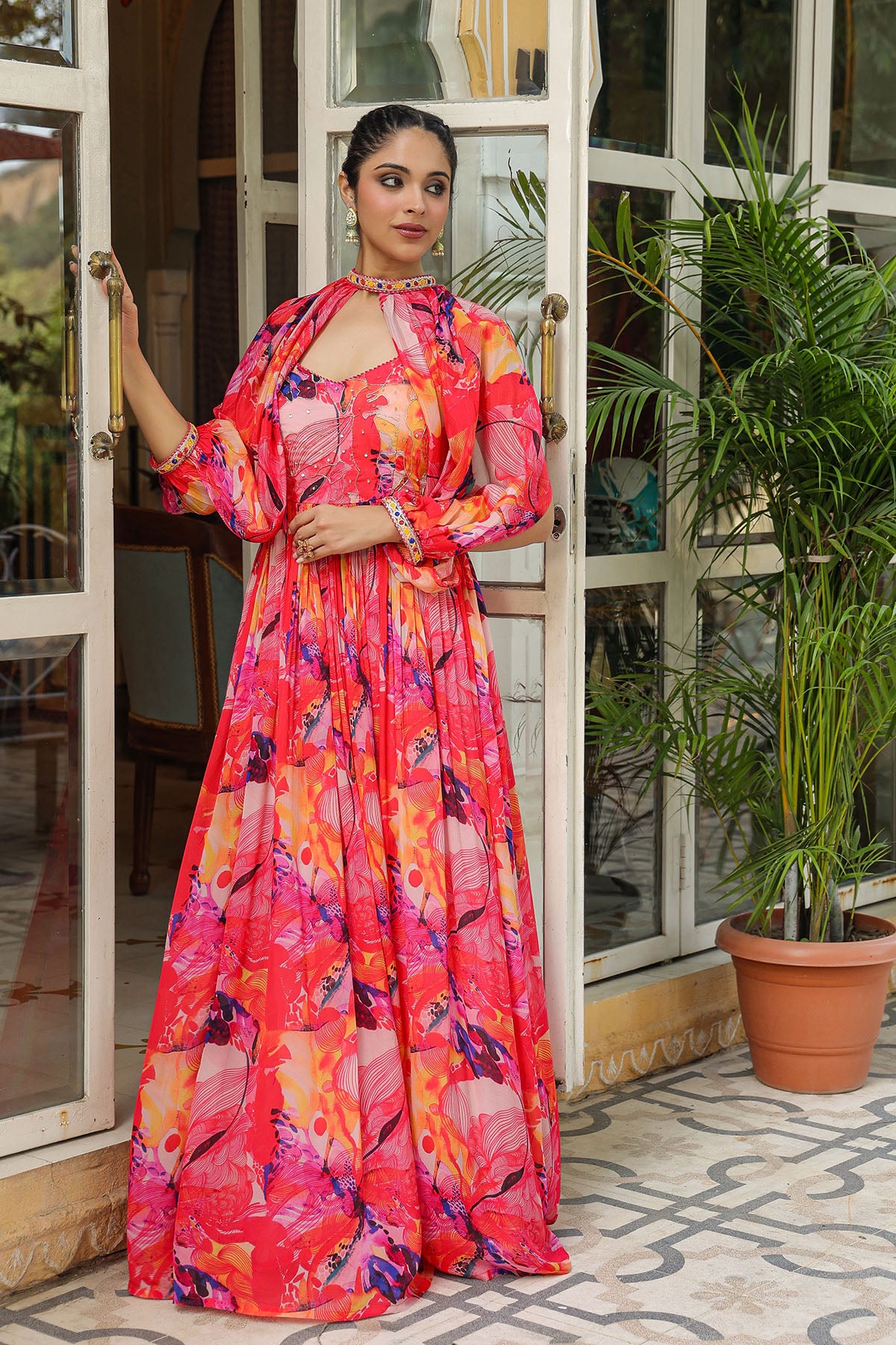 Pink Multicolour Chinon Handwork Gown Set
