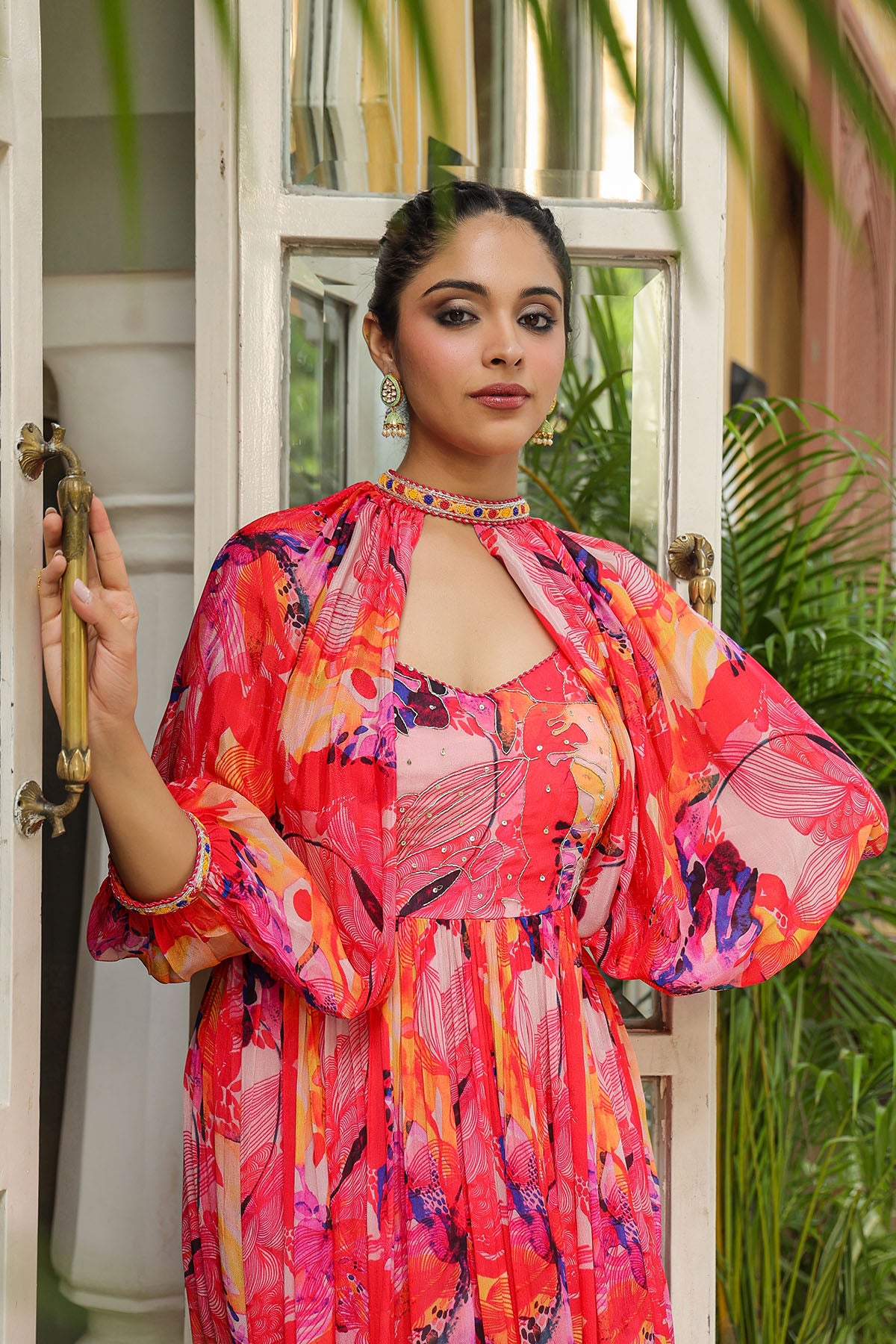 Pink Multicolour Chinon Handwork Gown Set