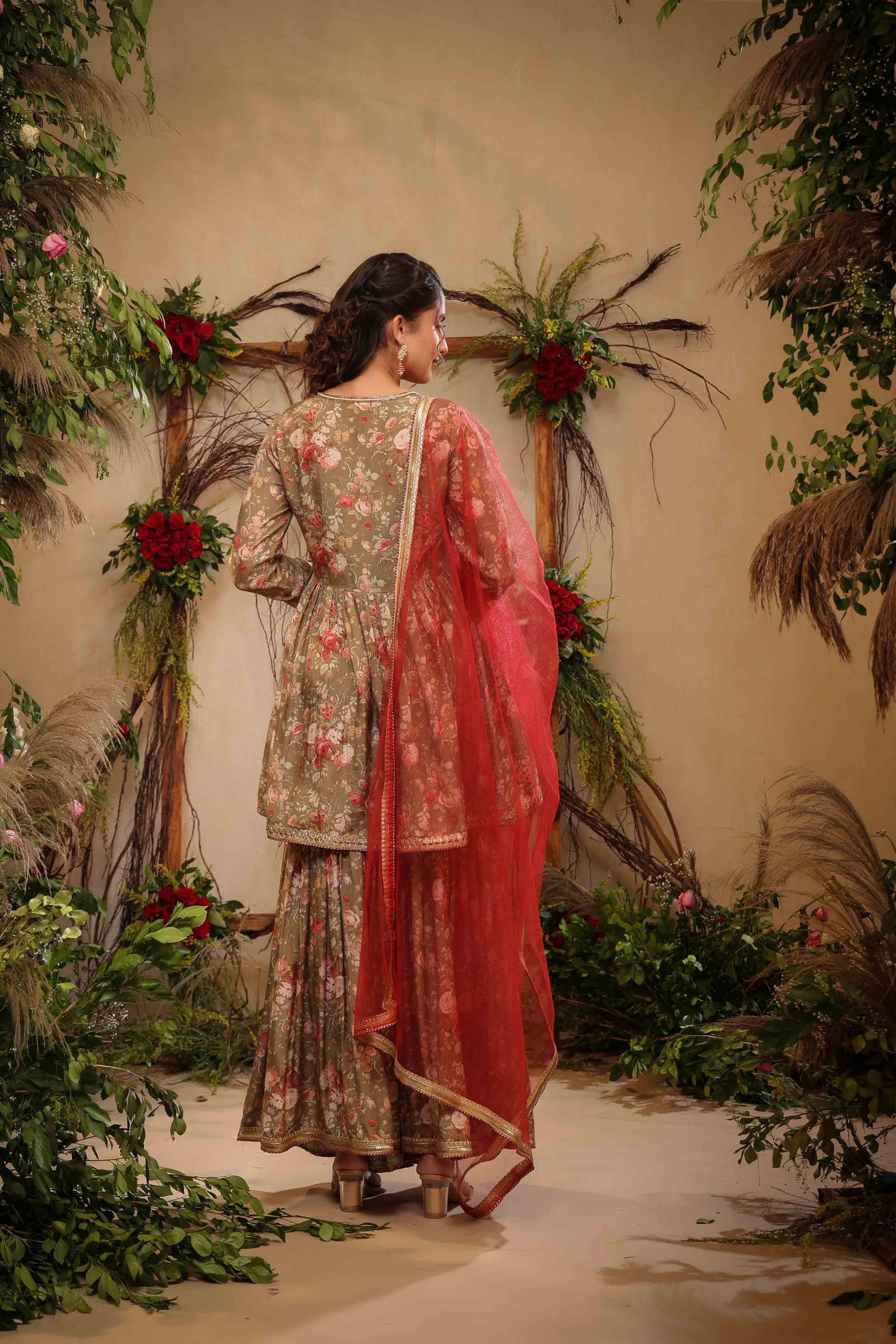 Green Muslin Handwork Sharara Set