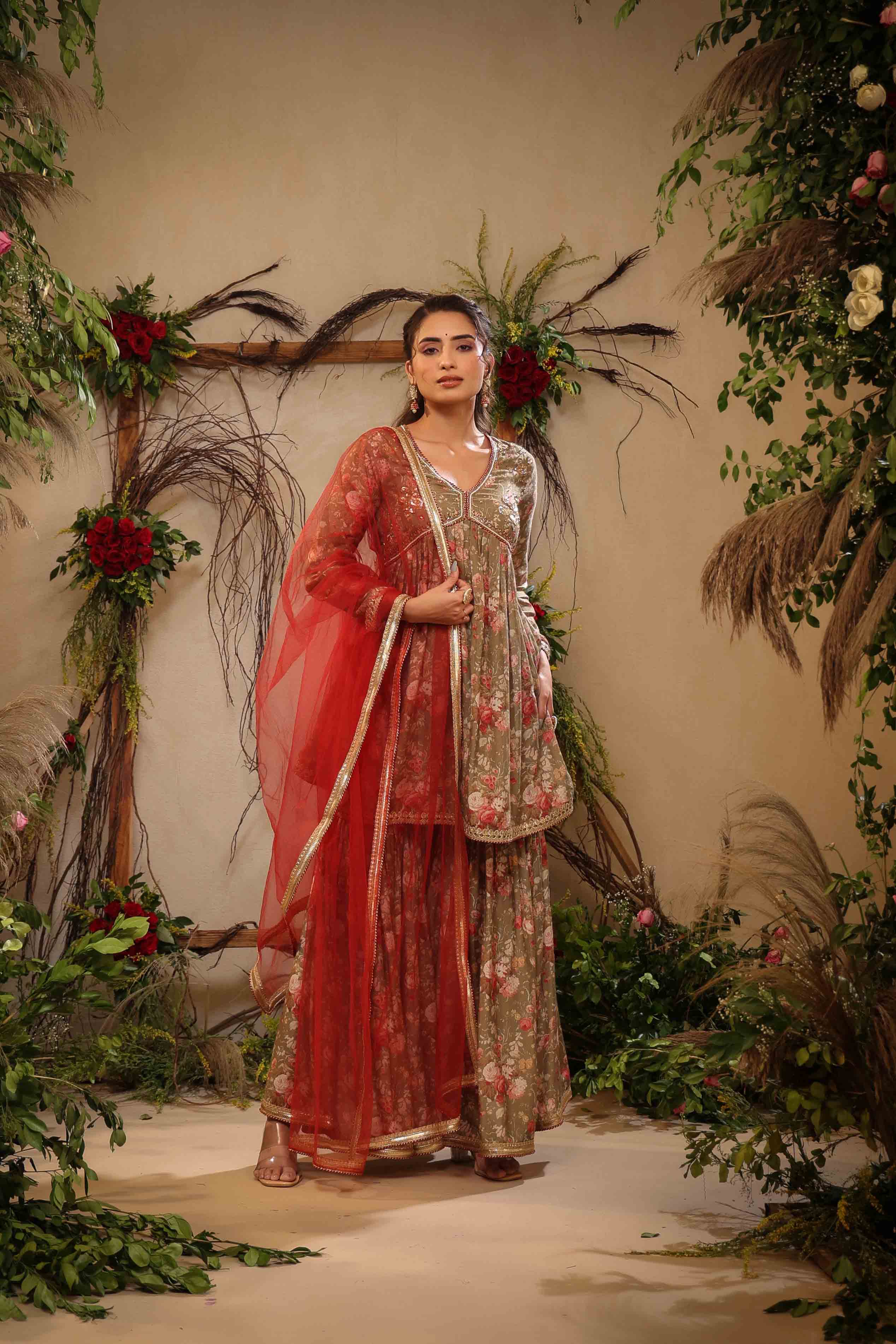 Green Muslin Handwork Sharara Set