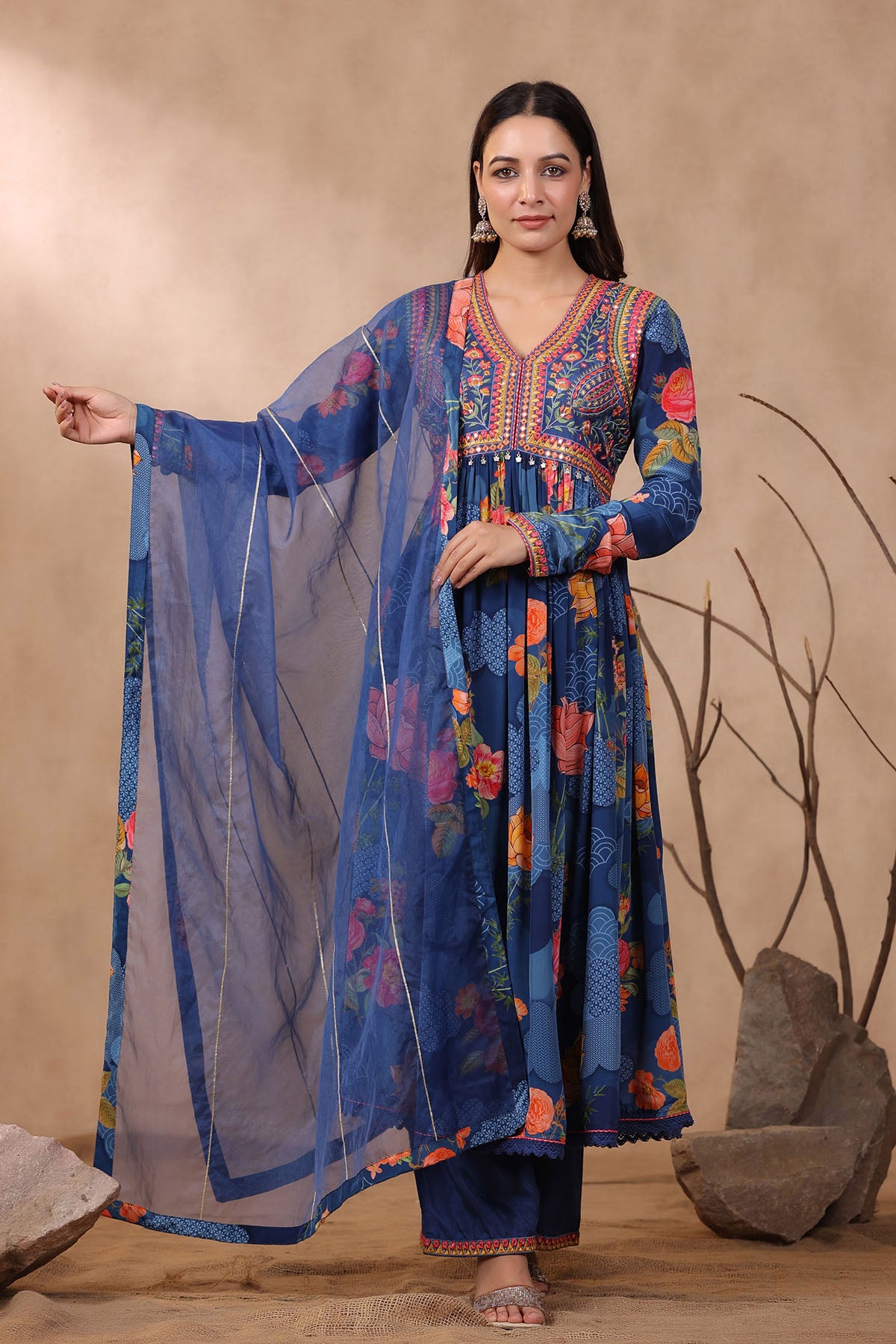 Blue Floral Viscose Crepe Embroidered Anarkali Suit