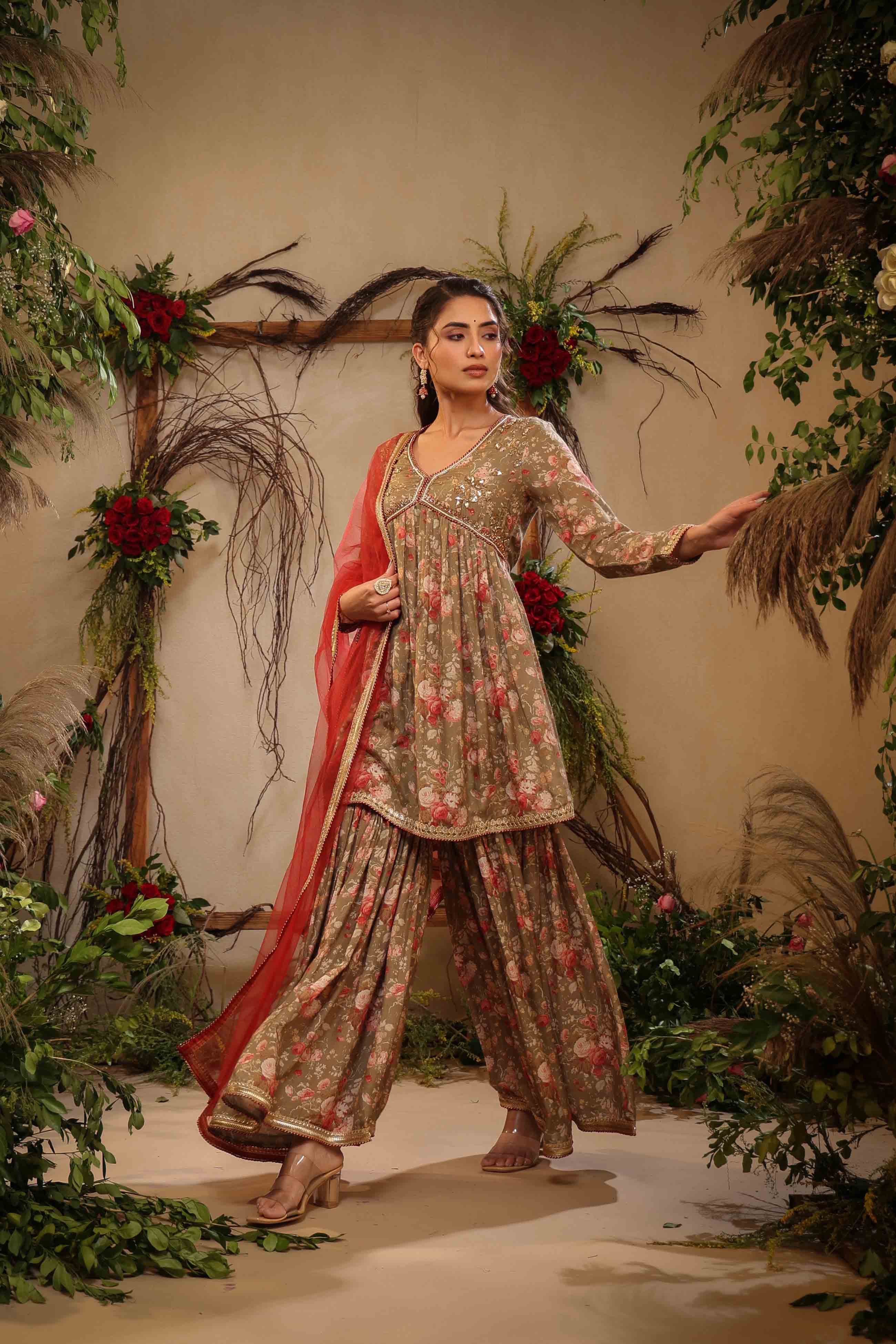 Green Muslin Handwork Sharara Set