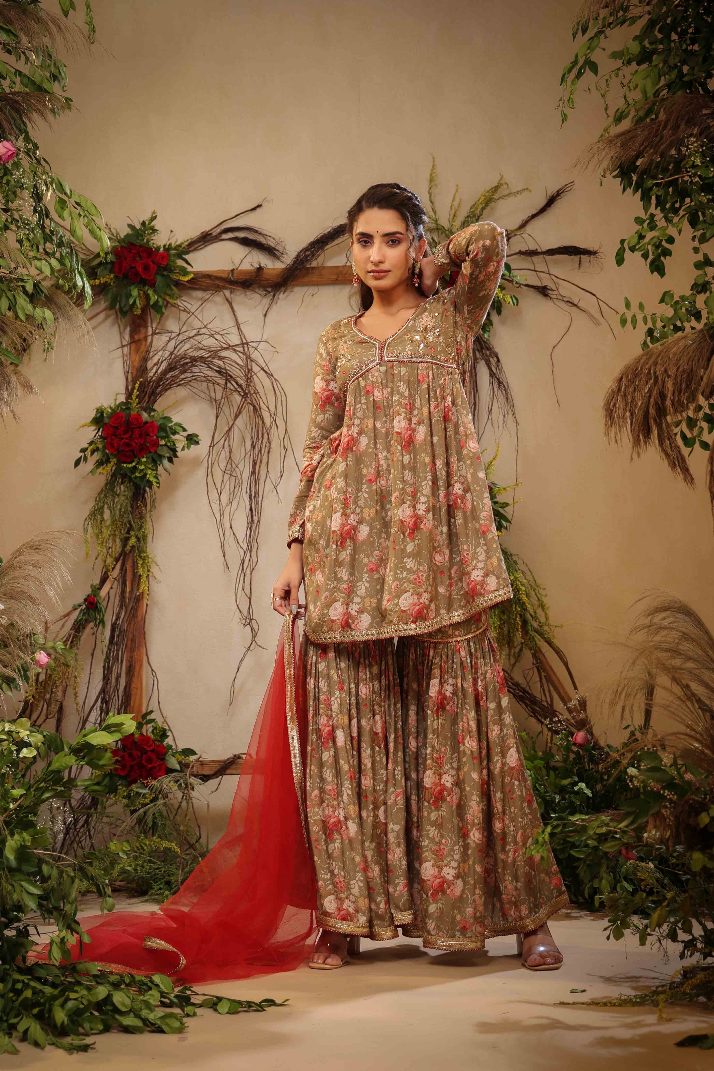 Green Muslin Handwork Sharara Set