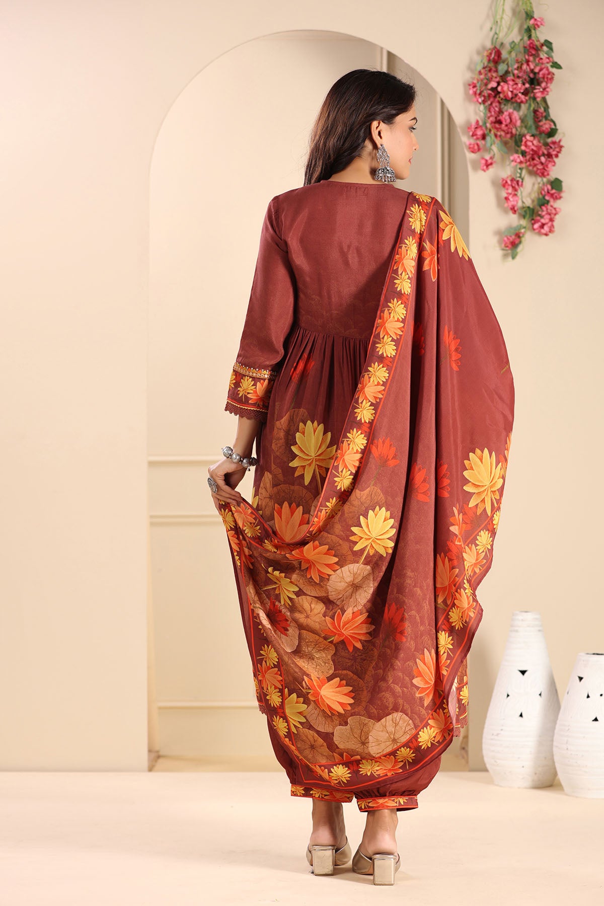 Maroon Floral Muslin Embroidered Suit