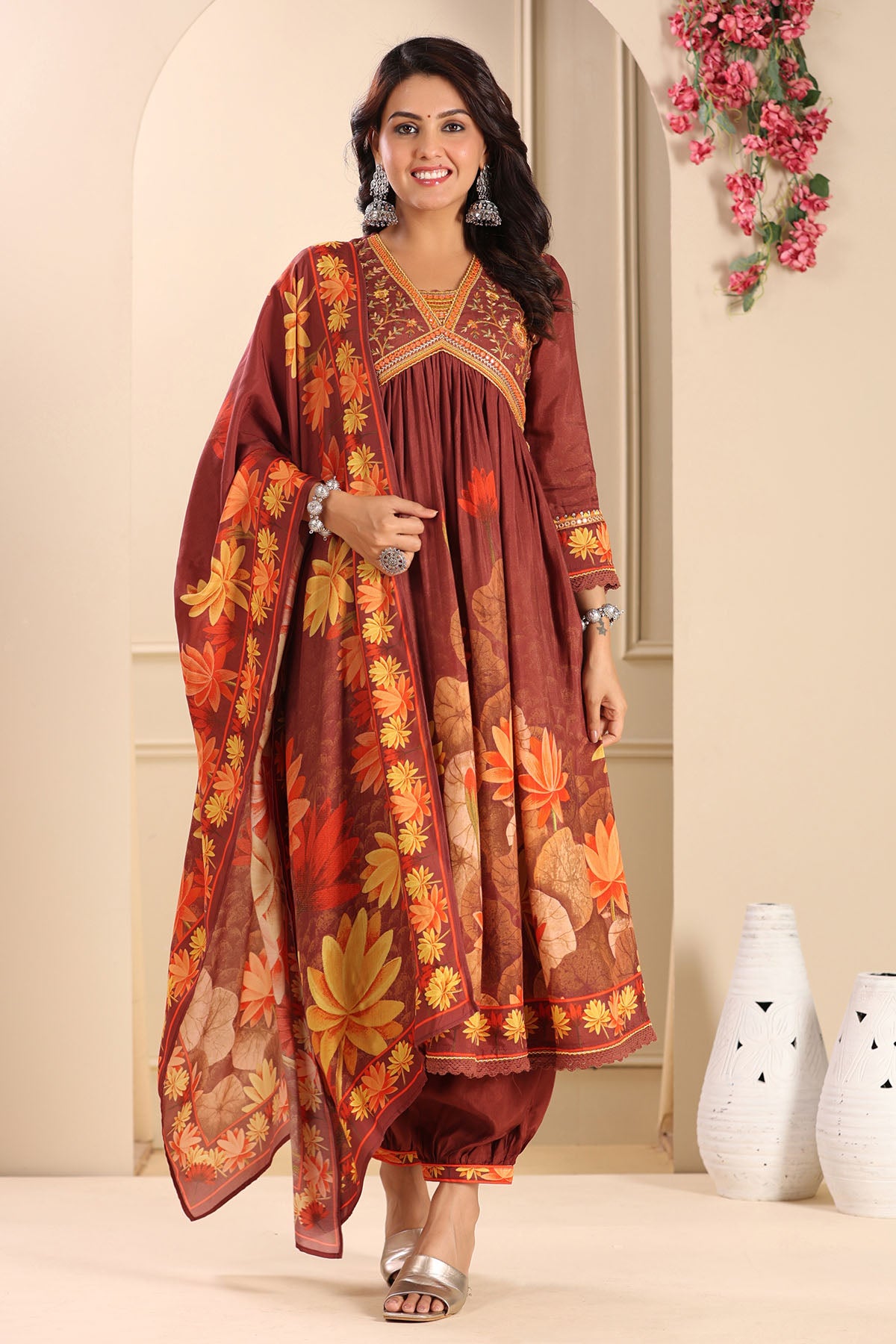 Maroon Floral Muslin Embroidered Suit