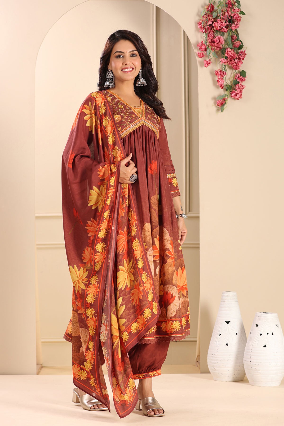 Maroon Floral Muslin Embroidered Suit