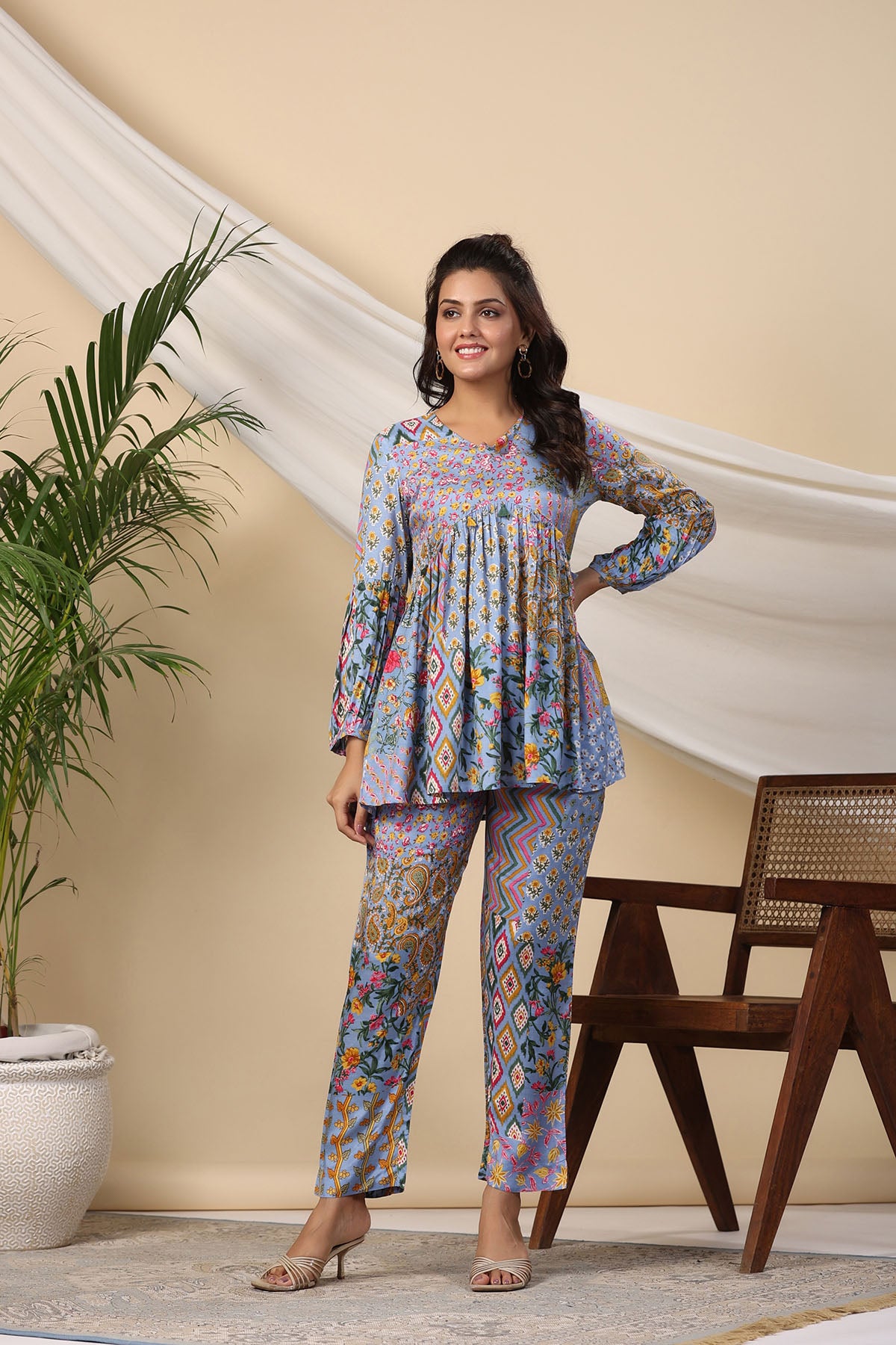 Blue Muslin Printed Co-ord Set