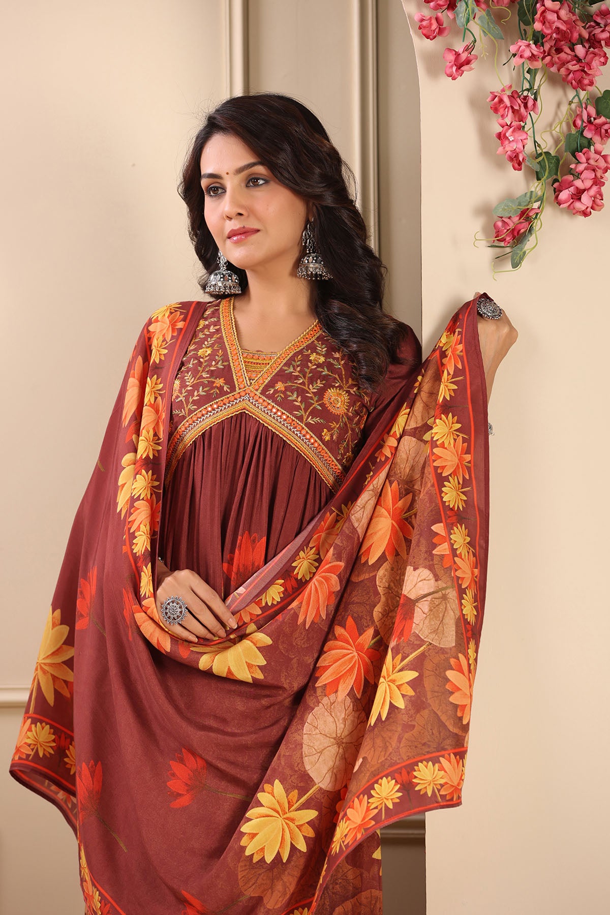 Maroon Floral Muslin Embroidered Suit