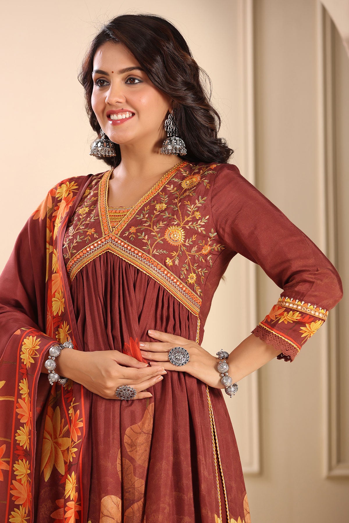 Maroon Floral Muslin Embroidered Suit