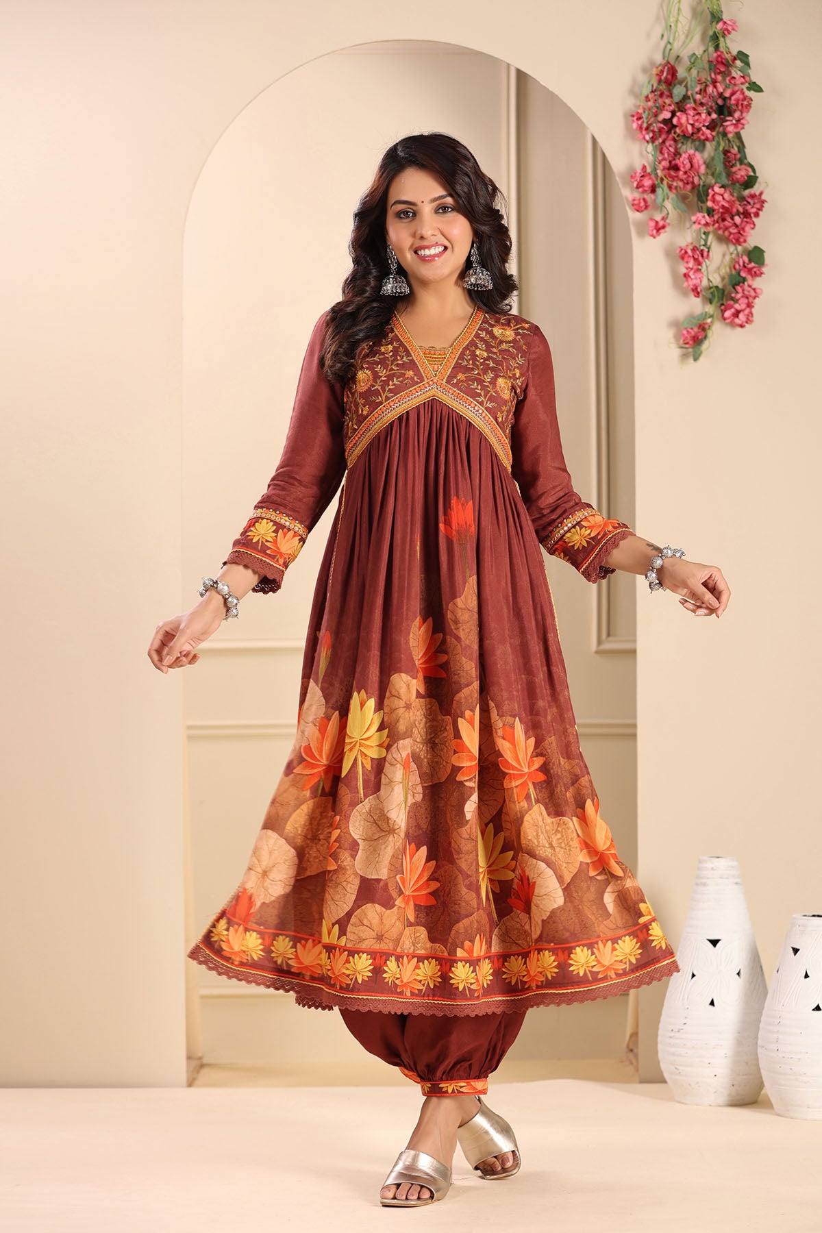 Maroon Floral Muslin Embroidered Suit