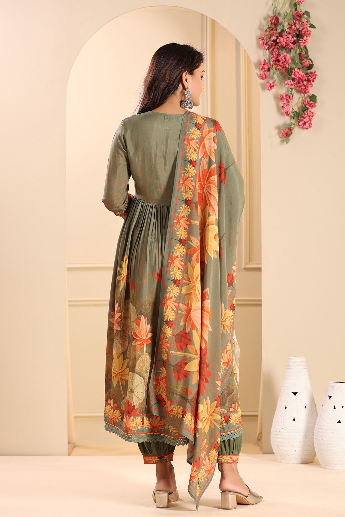 Green Floral Muslin Embroidered Suit