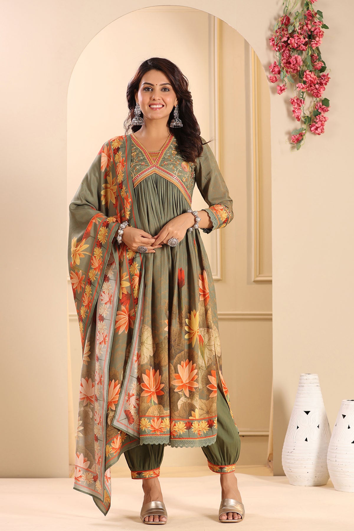 Green Floral Muslin Embroidered Suit