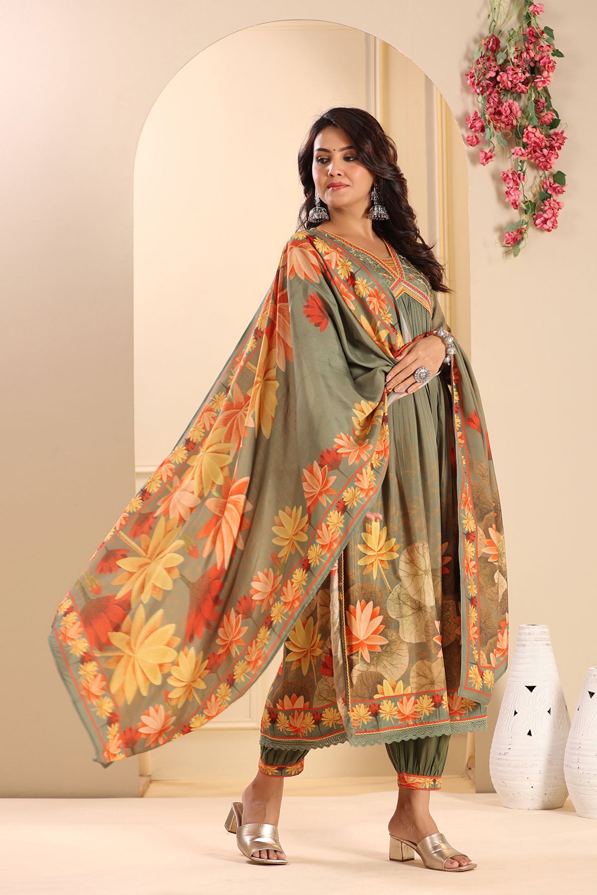 Green Floral Muslin Embroidered Suit