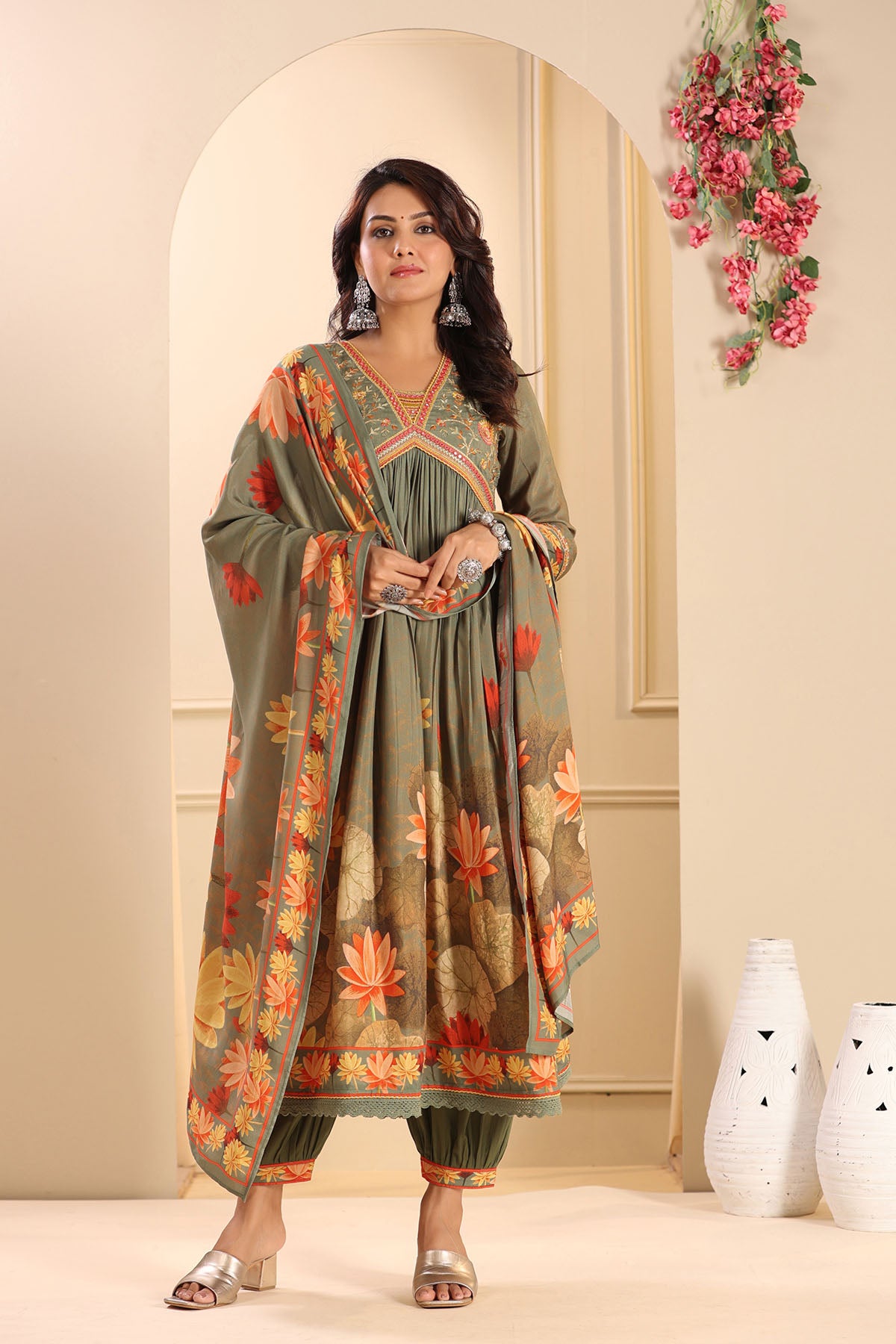 Green Floral Muslin Embroidered Suit