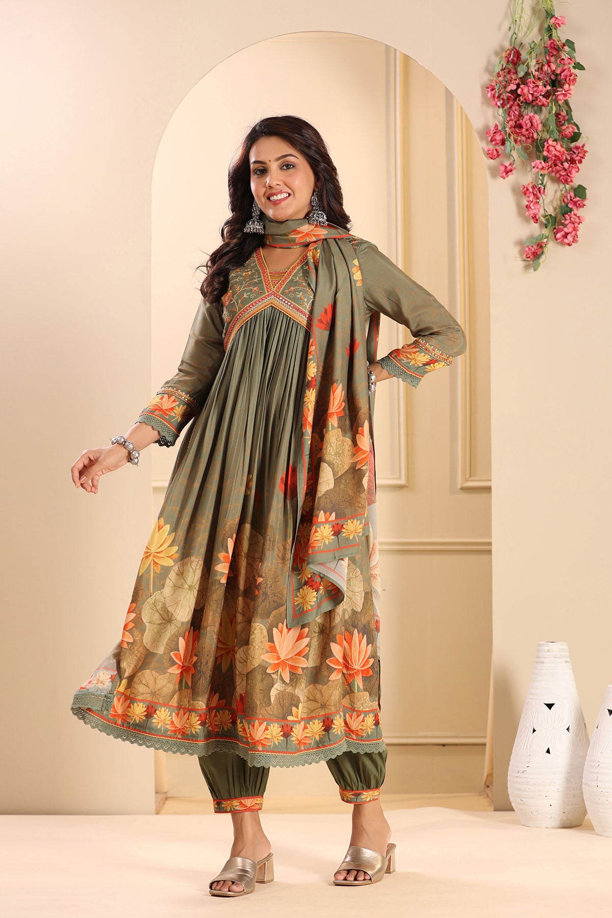 Green Floral Muslin Embroidered Suit
