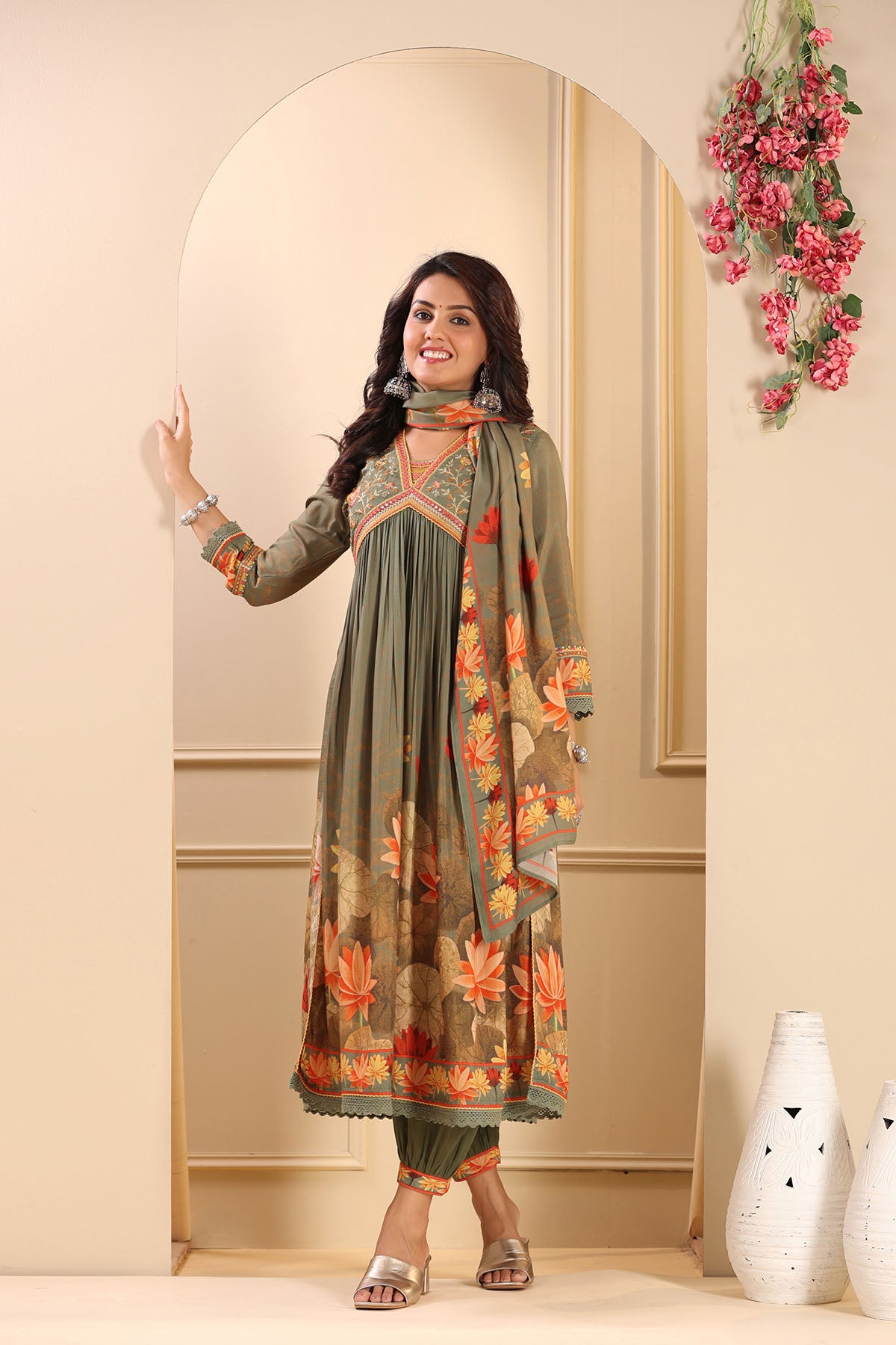 Green Floral Muslin Embroidered Suit