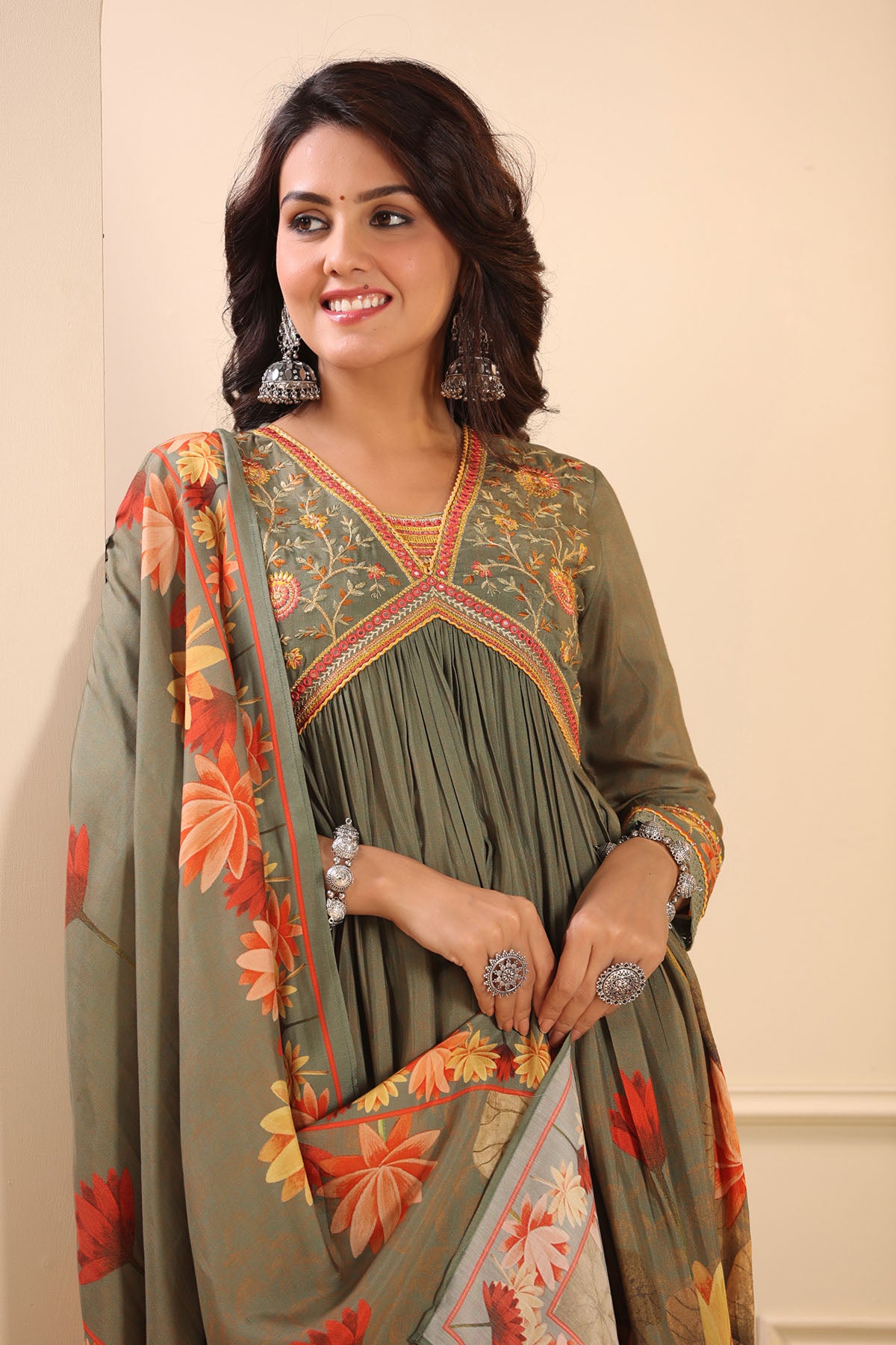 Green Floral Muslin Embroidered Suit