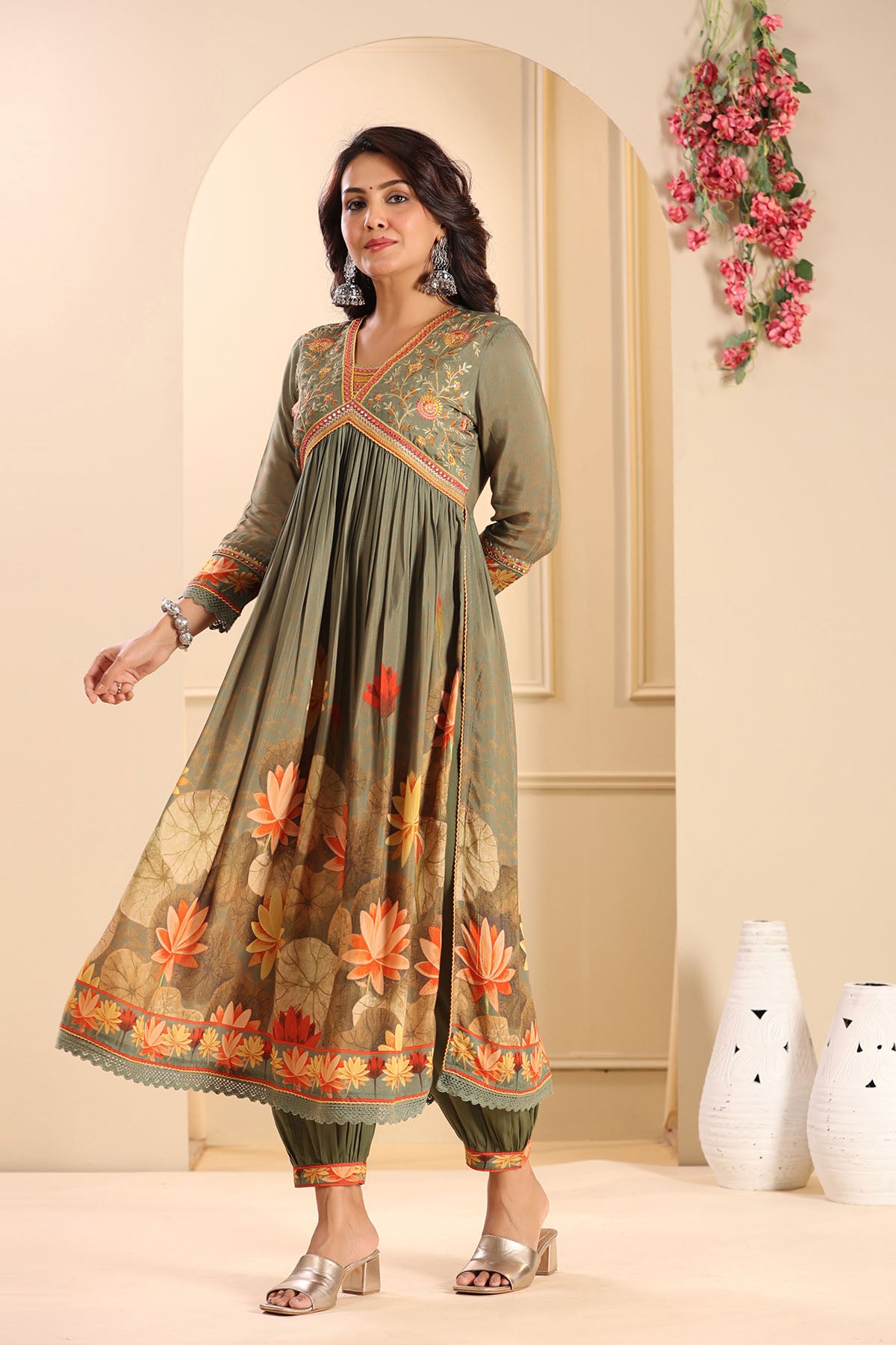 Green Floral Muslin Embroidered Suit