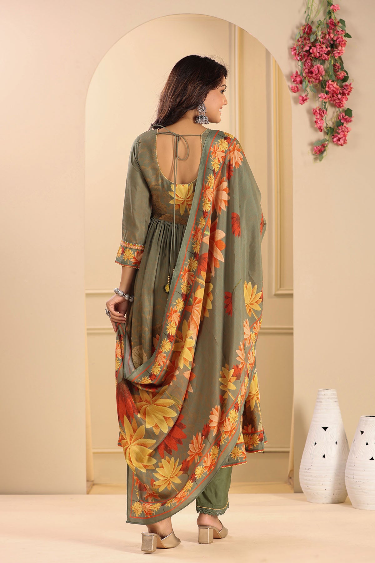 Green Floral Muslin Printed Anarkali Suit
