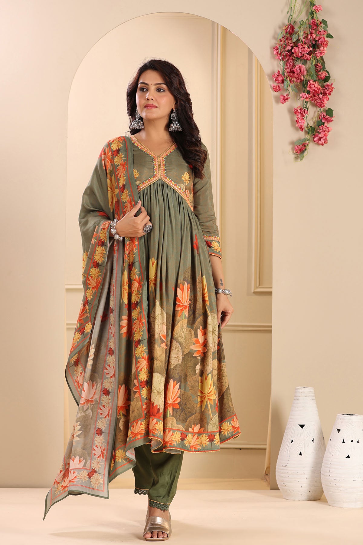 Green Floral Muslin Printed Anarkali Suit