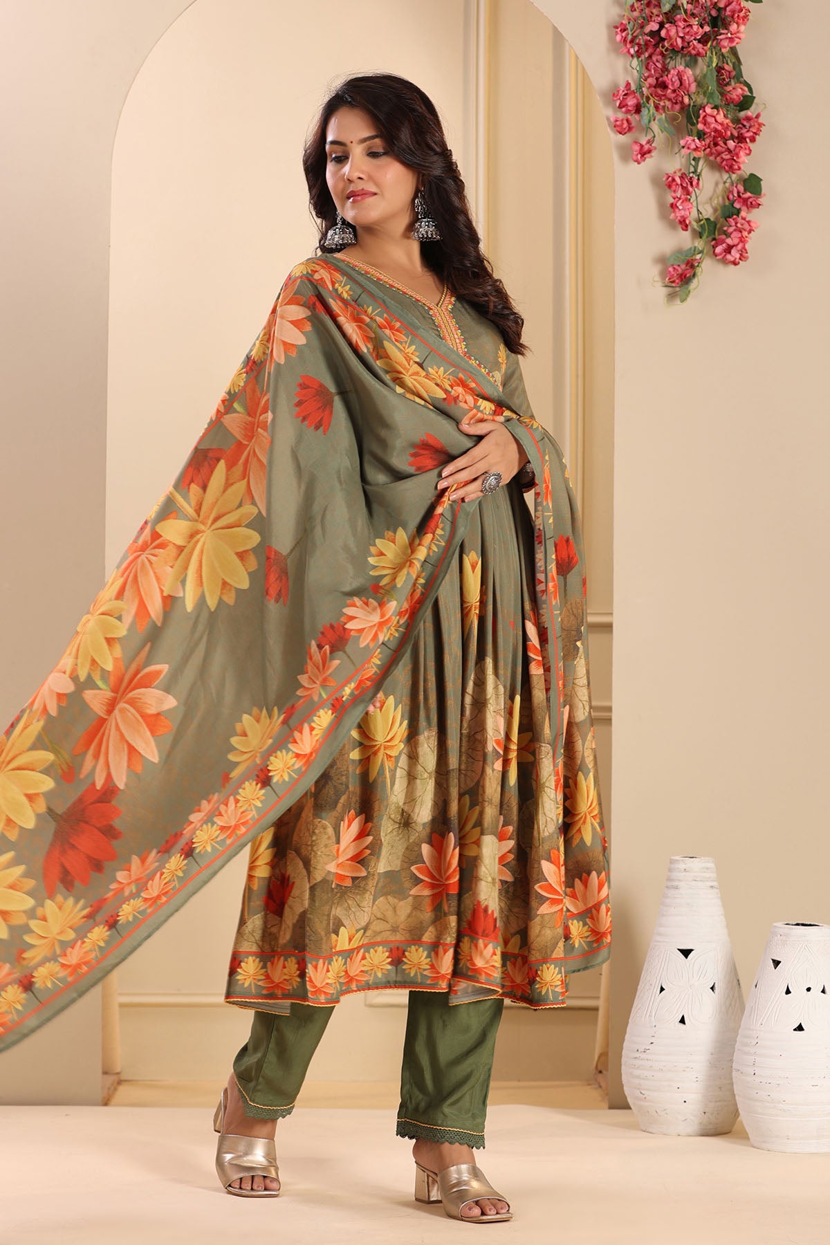 Green Floral Muslin Printed Anarkali Suit