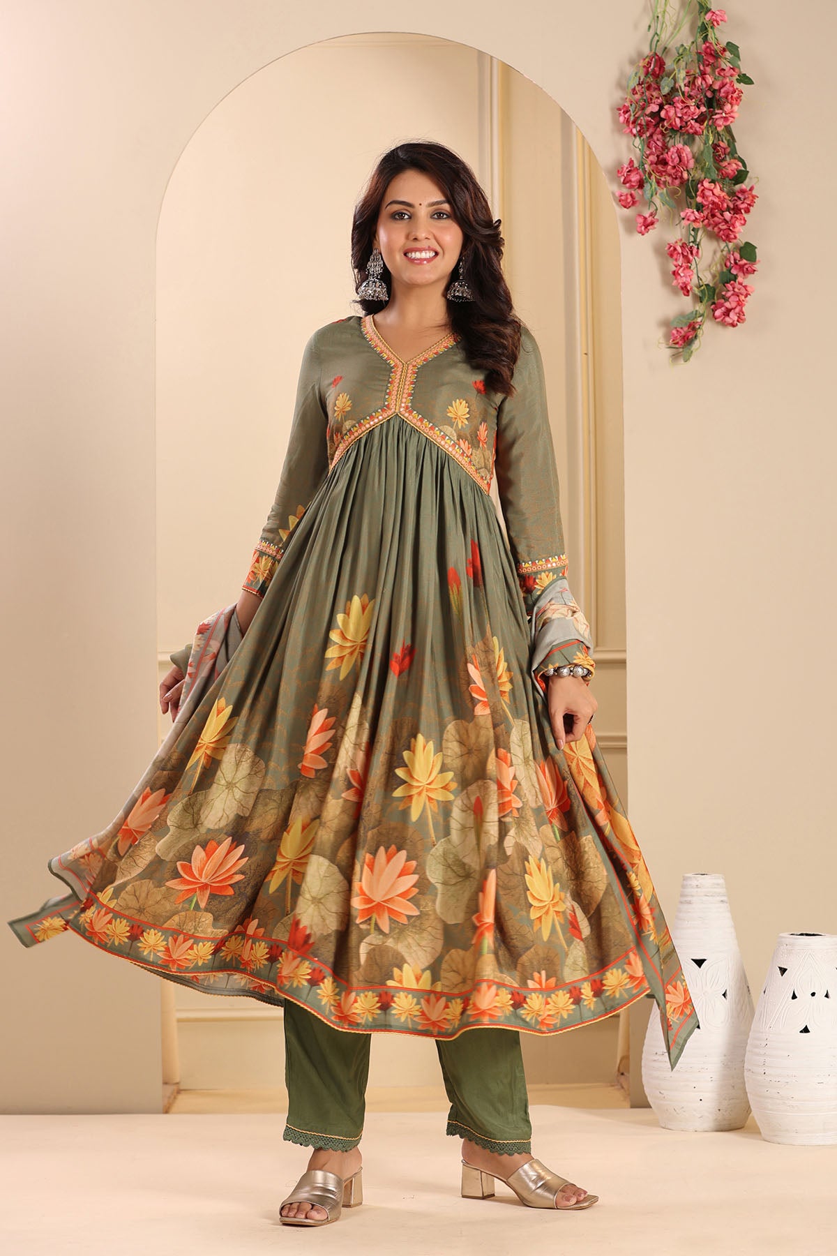 Green Floral Muslin Printed Anarkali Suit