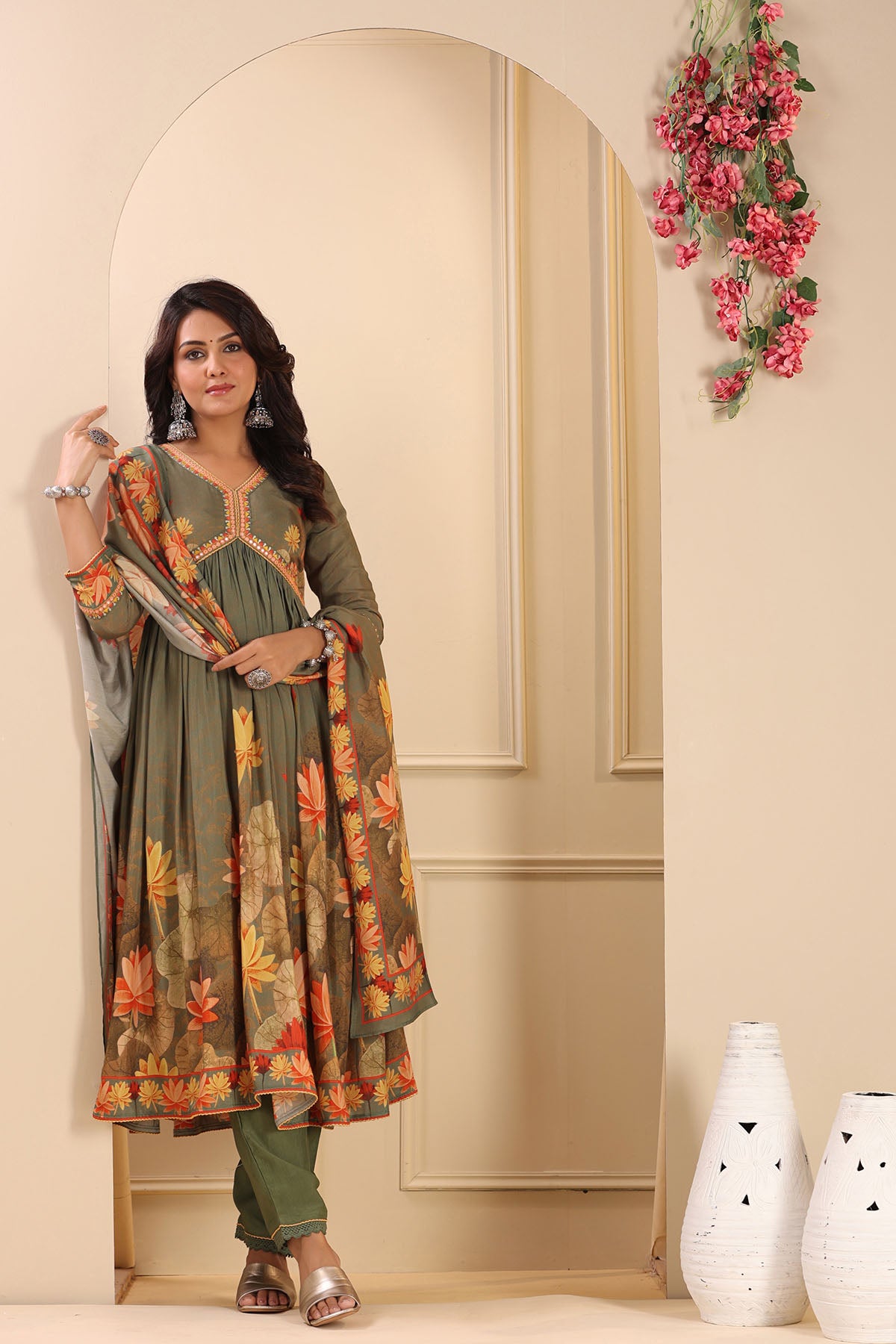 Green Floral Muslin Printed Anarkali Suit