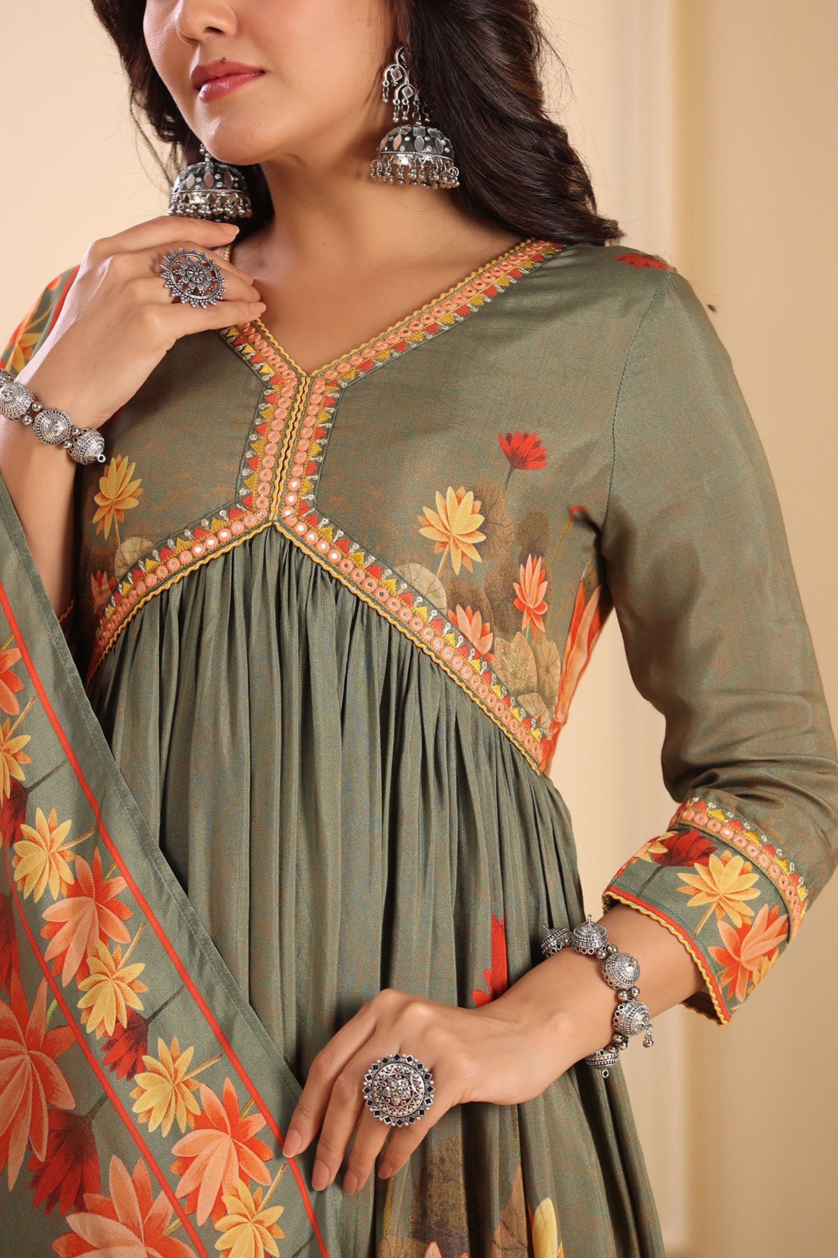 Green Floral Muslin Printed Anarkali Suit