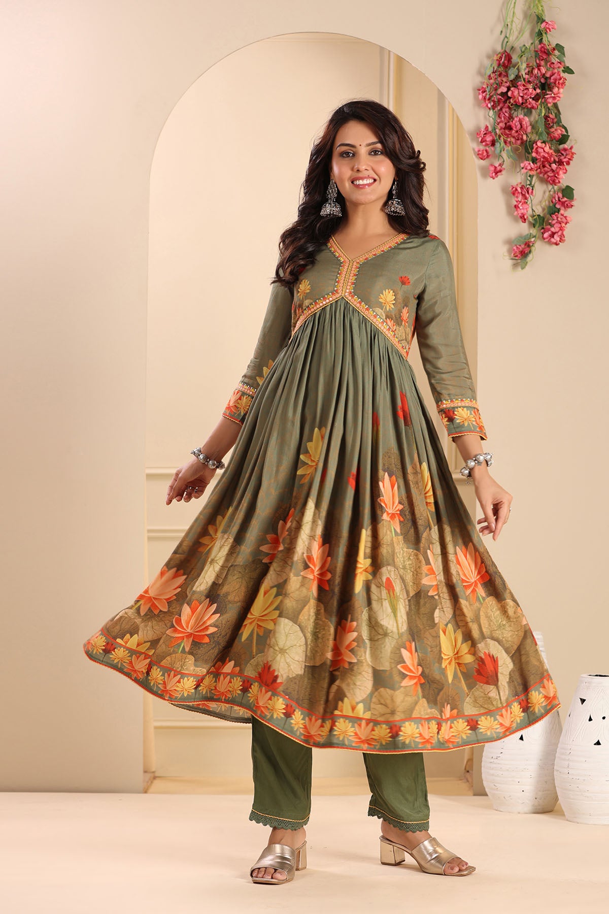 Green Floral Muslin Printed Anarkali Suit