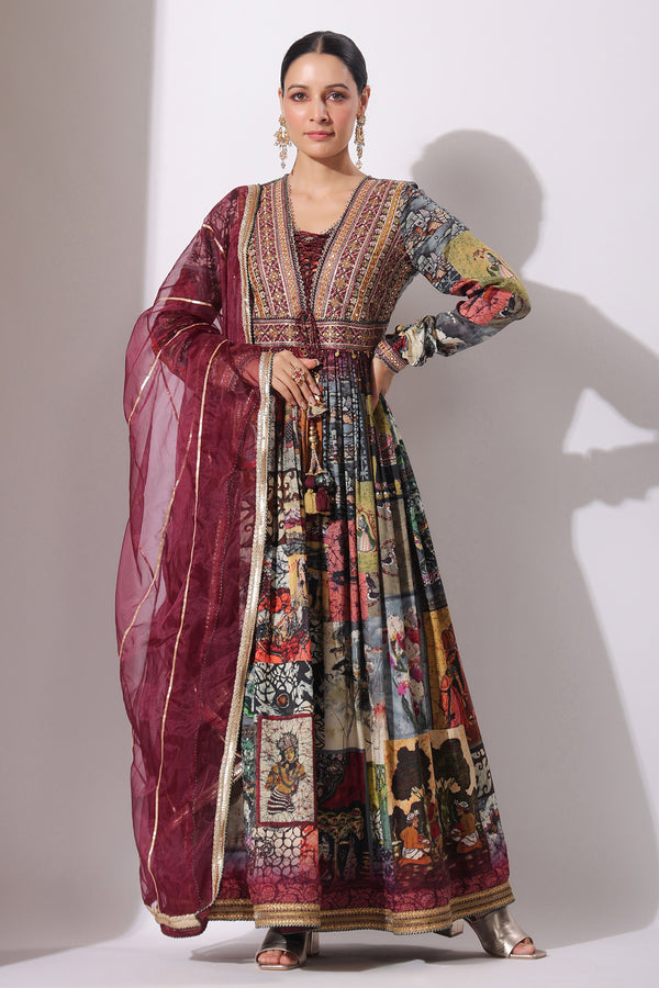 Dark Maroon Dola Silk Persian Art Print Long Gown With Dupatta