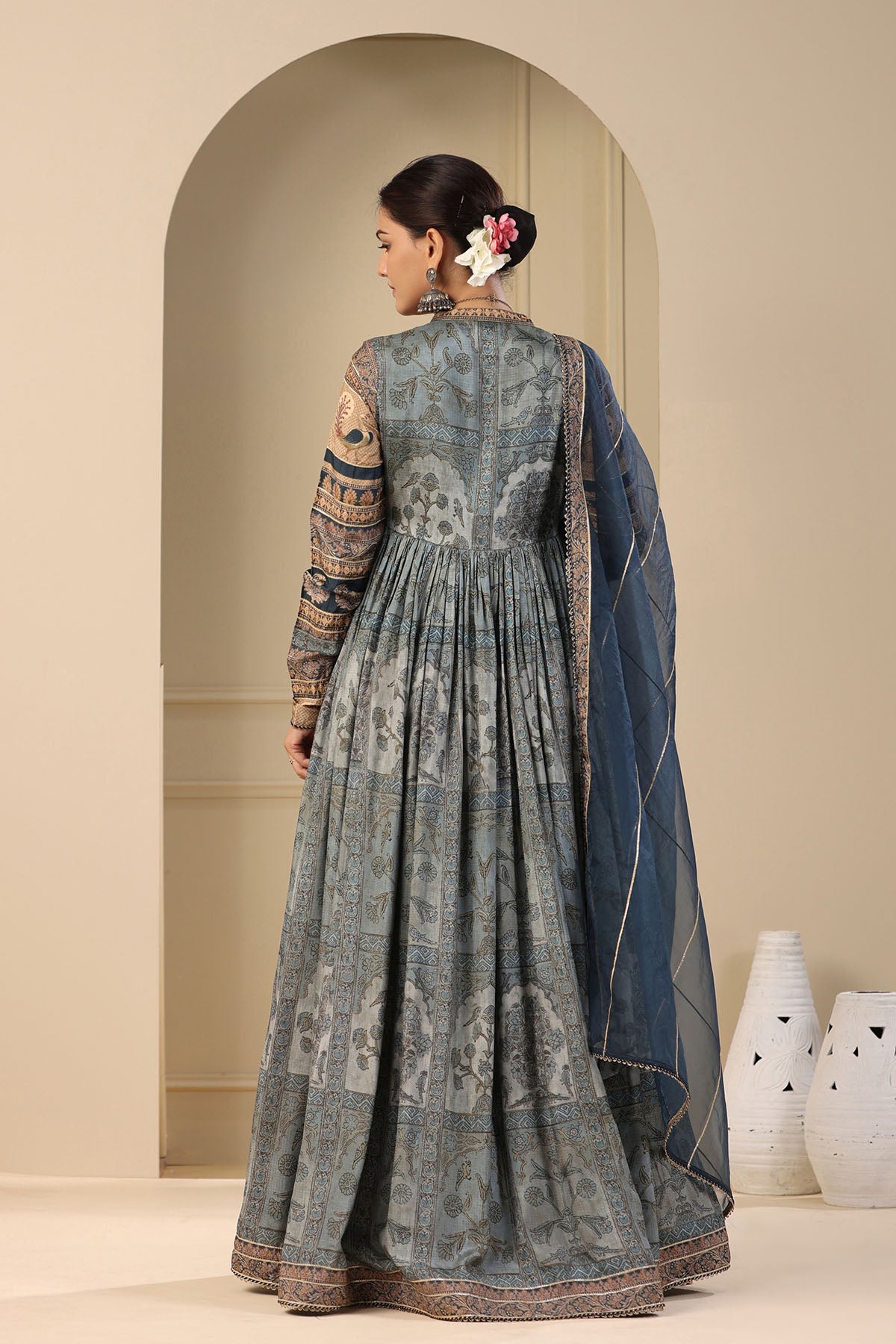 Blue Muslin Handwork Gown Set