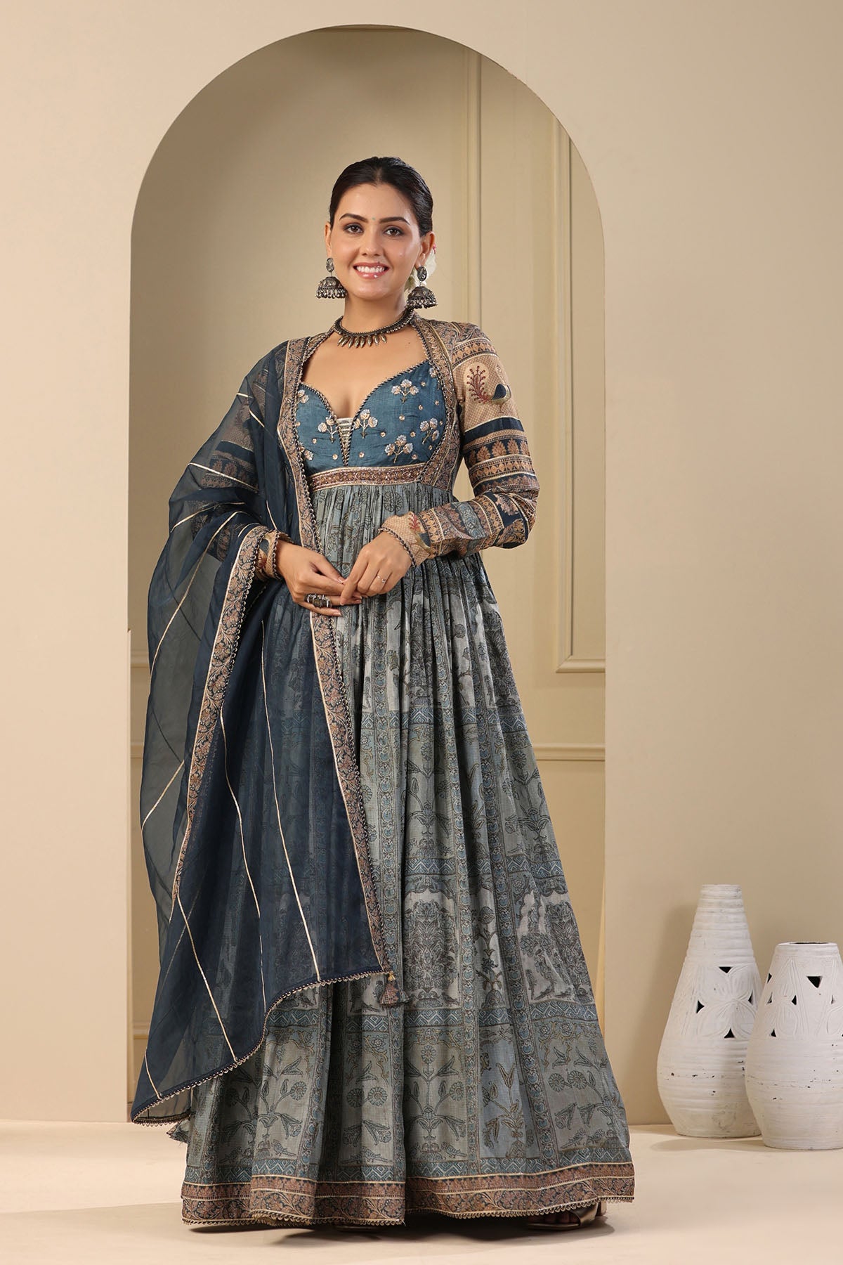 Blue Muslin Handwork Gown Set
