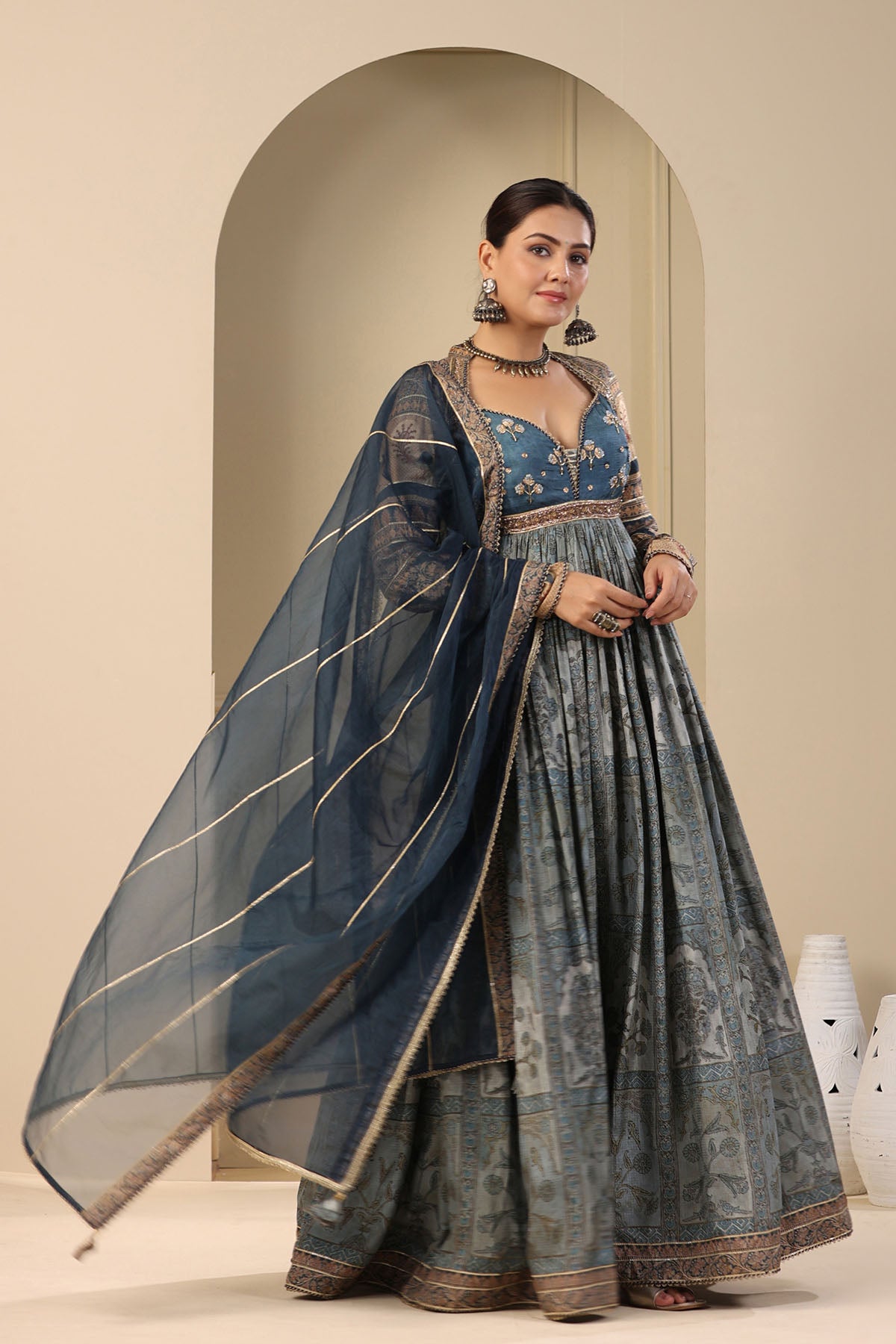 Blue Muslin Handwork Gown Set
