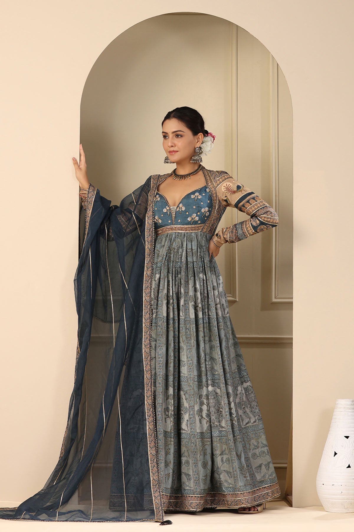 Blue Muslin Handwork Gown Set