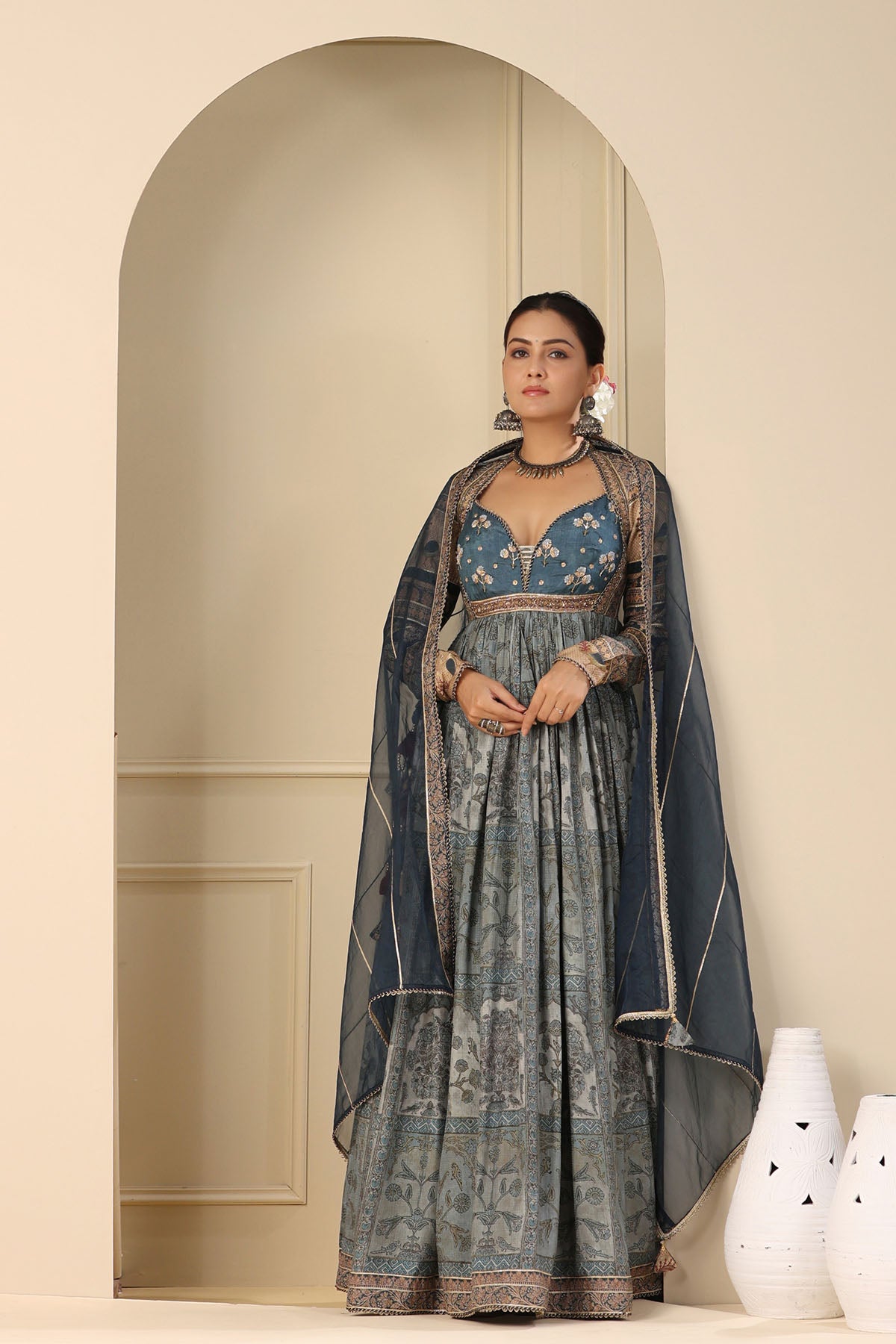 Blue Muslin Handwork Gown Set