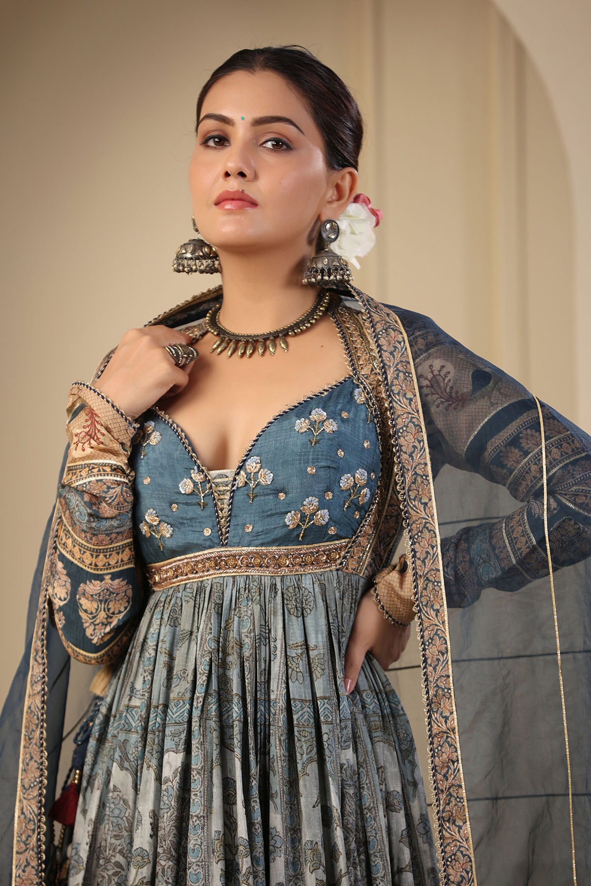 Blue Muslin Handwork Gown Set