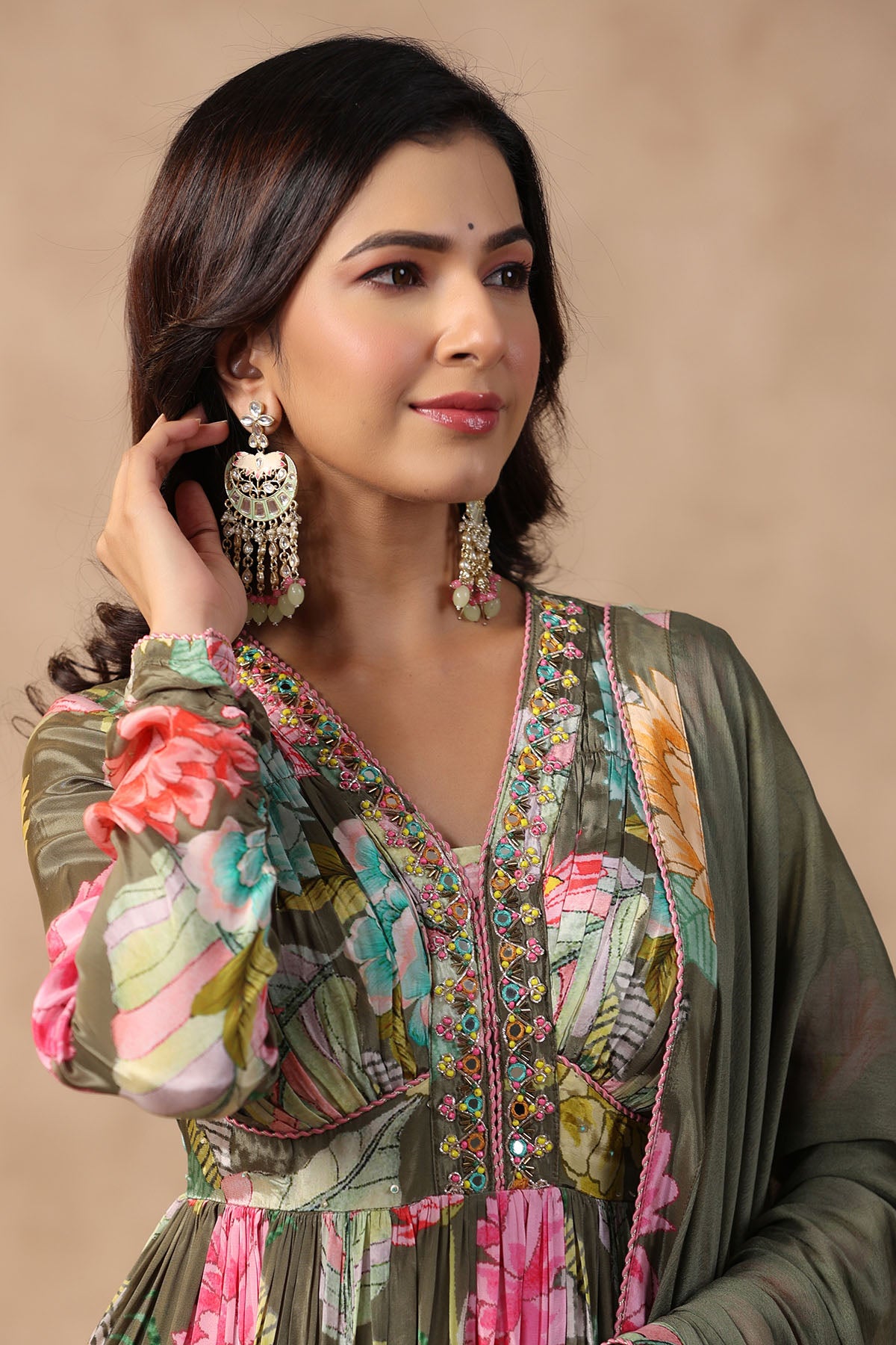 Green Floral Viscose Crepe Embroidered Anarkali Suit