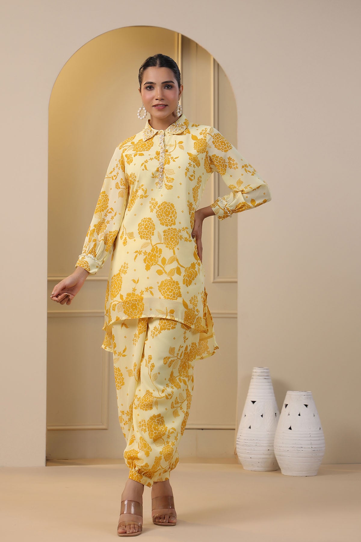 Yellow Georgette Handwork Co-ord Set