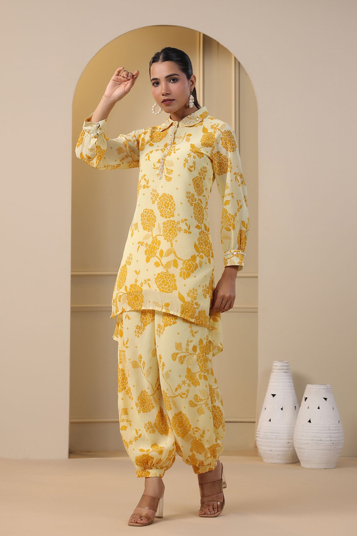 Yellow Georgette Handwork Co-ord Set