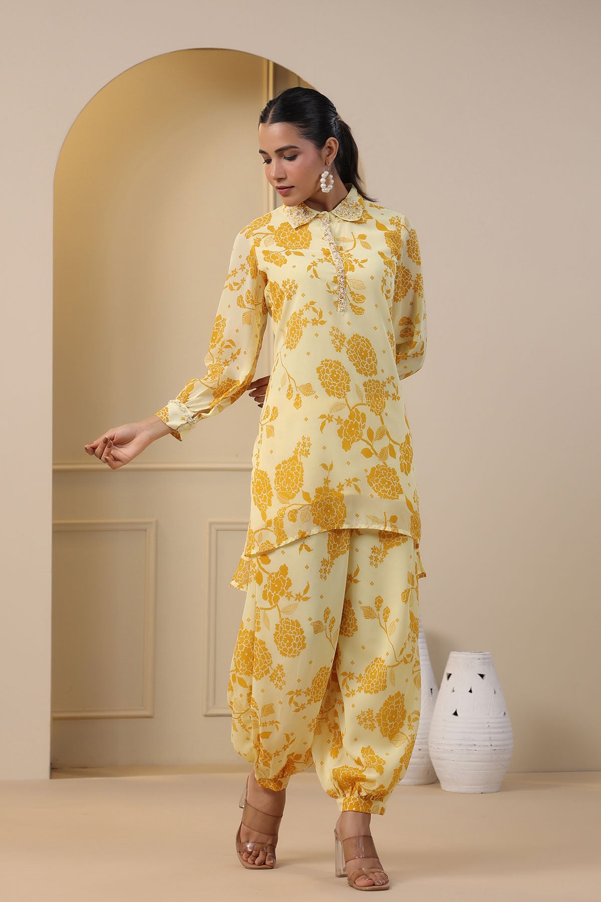 Yellow Georgette Handwork Co-ord Set