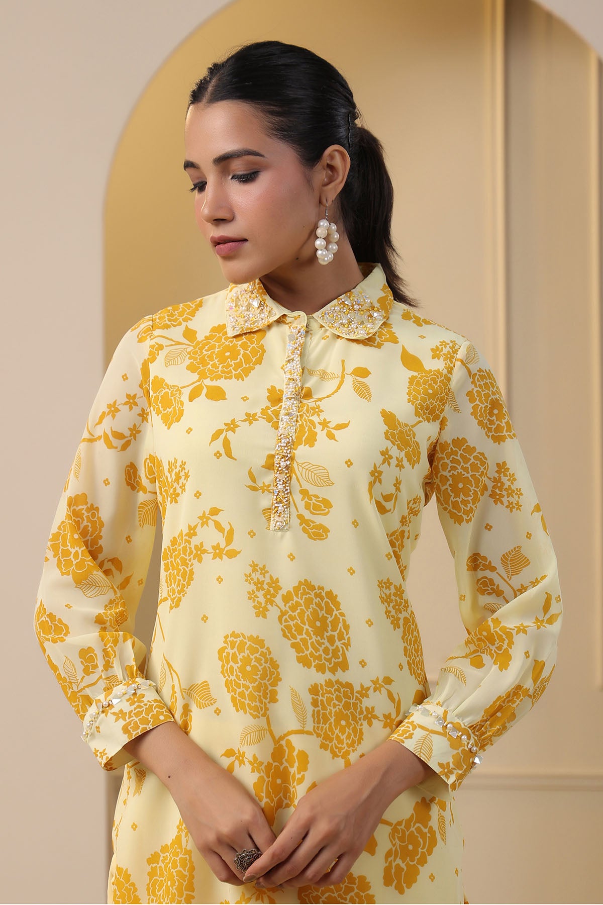 Yellow Georgette Handwork Co-ord Set