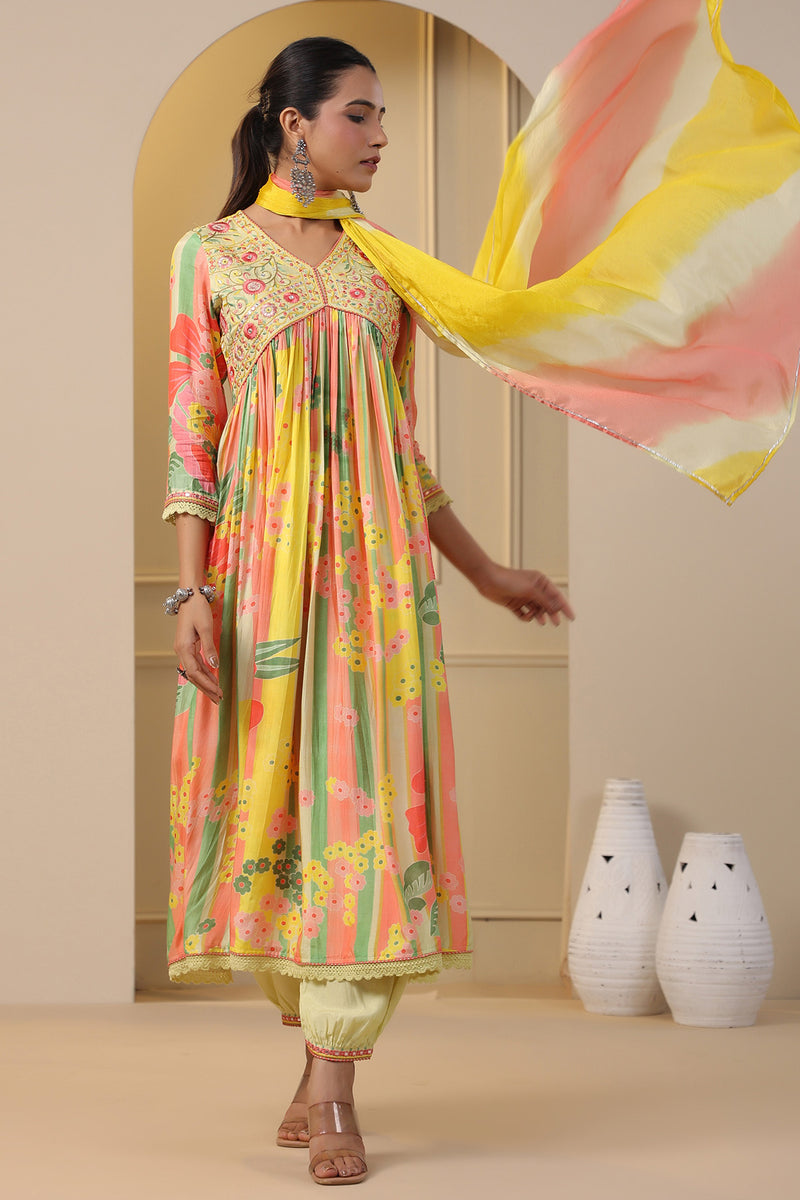 Haldi Yellow Muslin Embroidered Suit Set