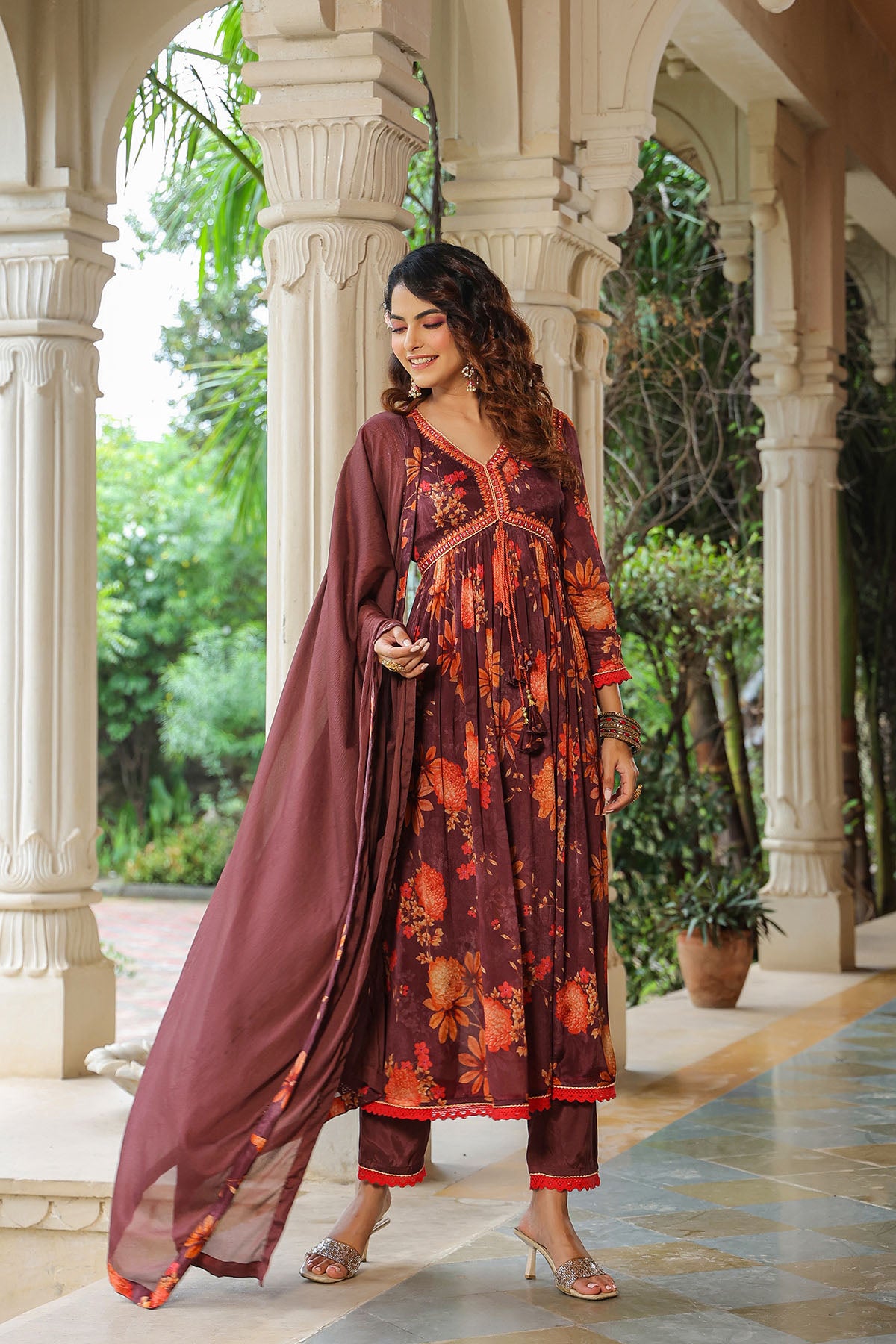 Maroon Floral Chinon Printed Anarkali Suit