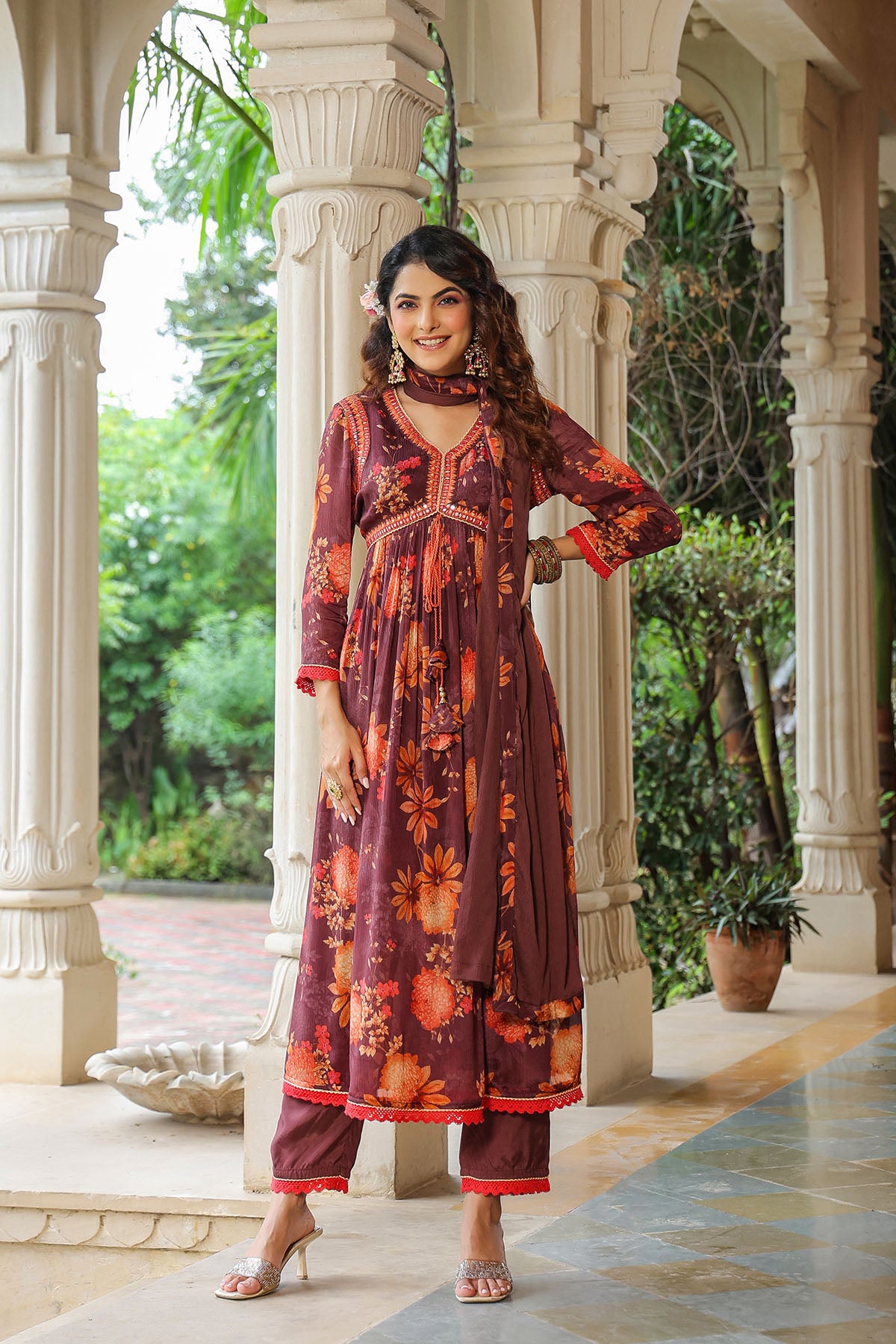 Maroon Floral Chinon Printed Anarkali Suit