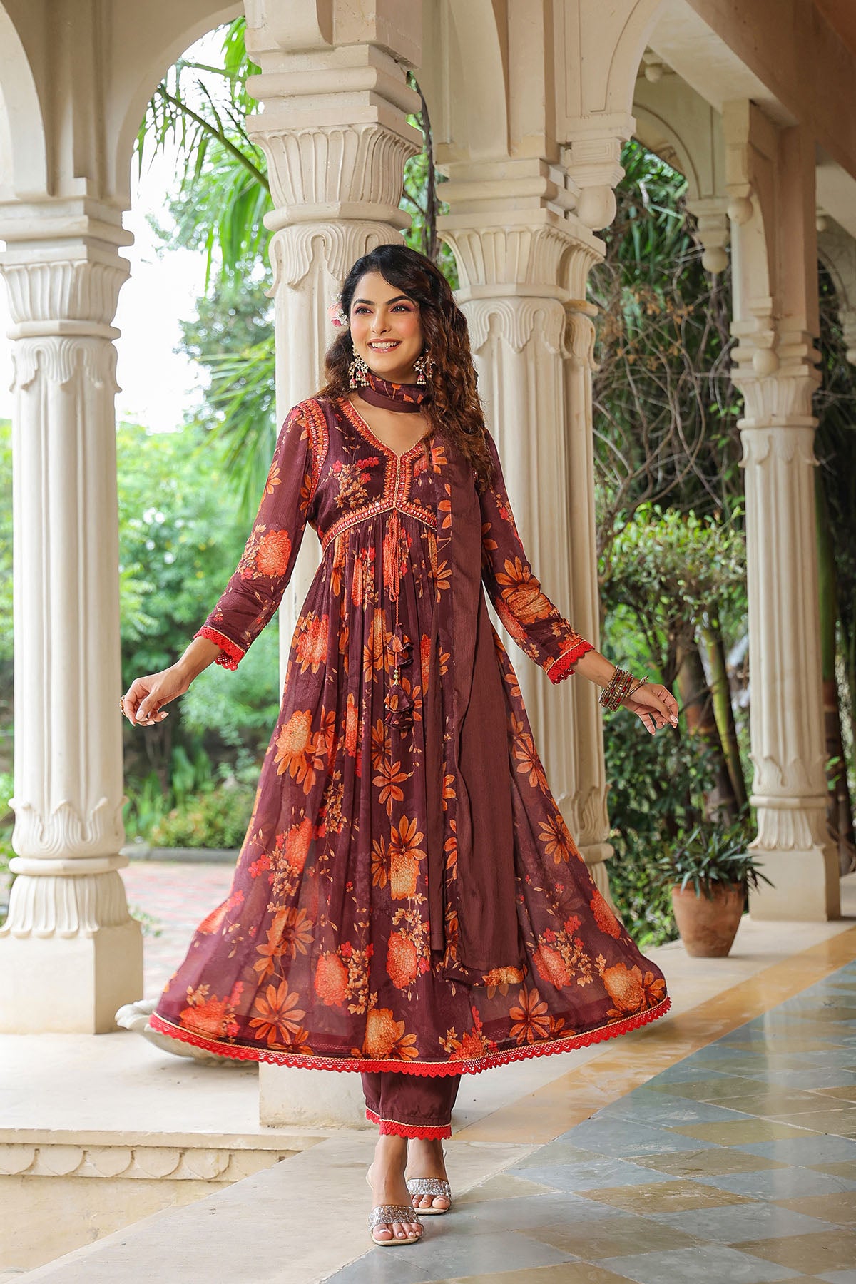 Maroon Floral Chinon Printed Anarkali Suit