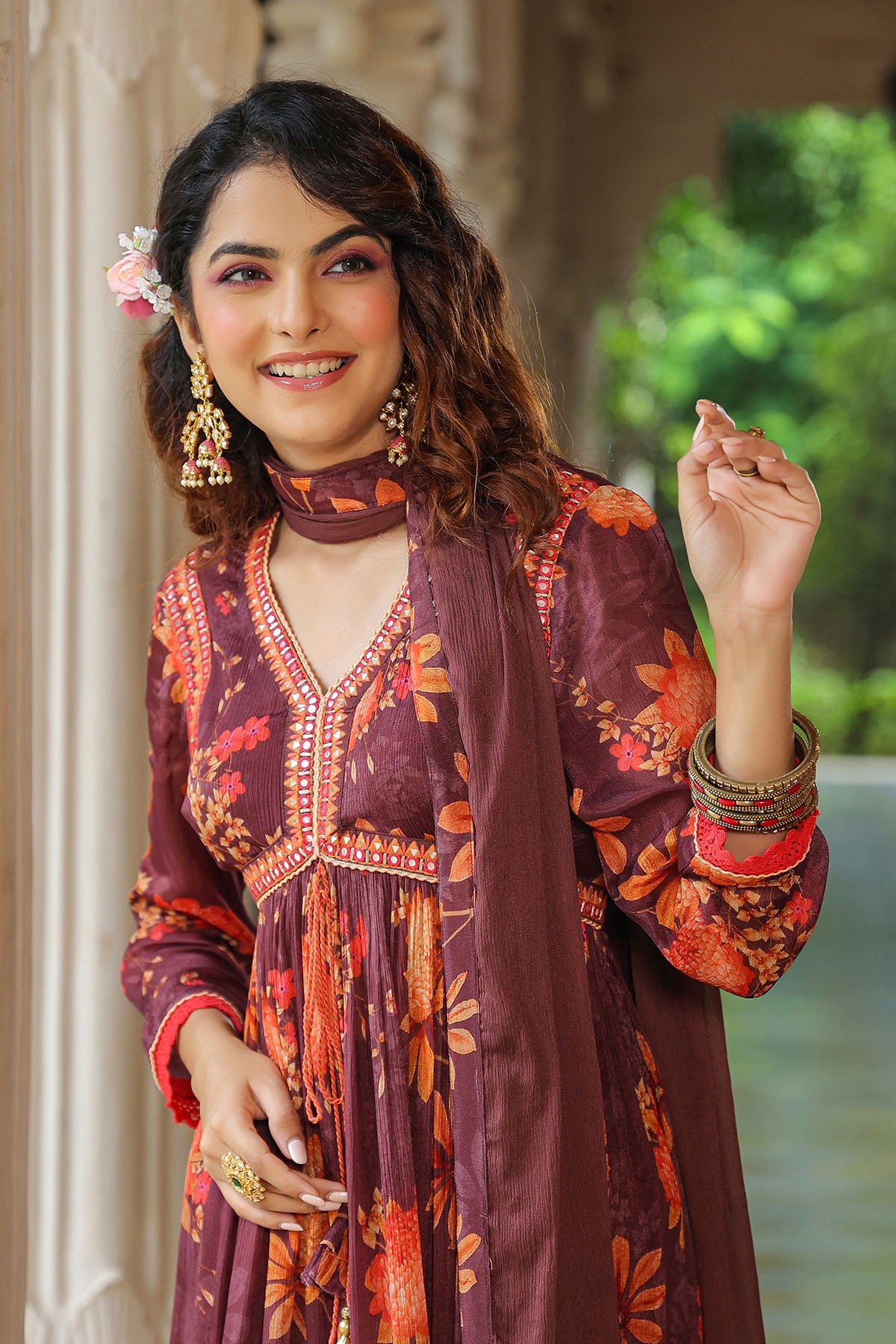 Maroon Floral Chinon Printed Anarkali Suit