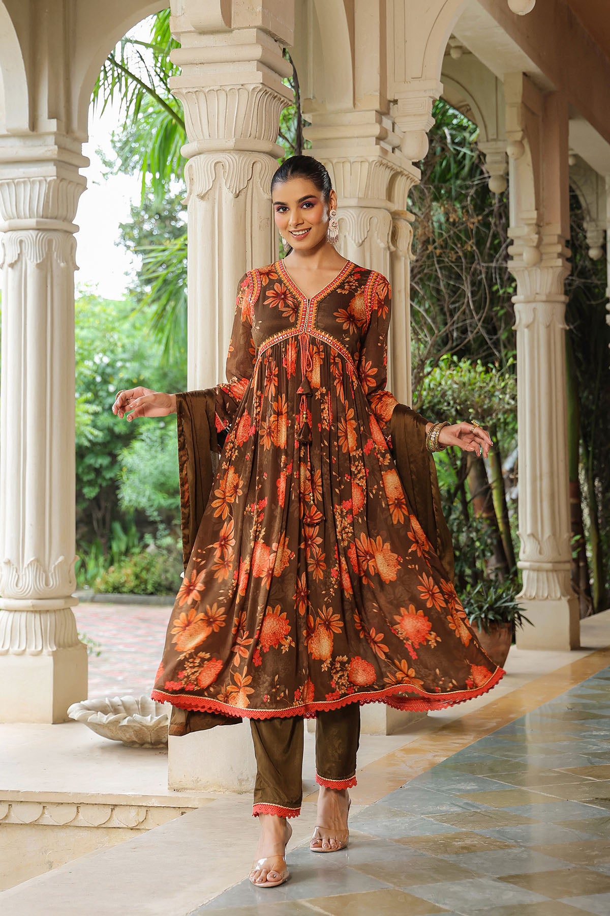 Brown Floral Chinon Printed Anarkali Suit